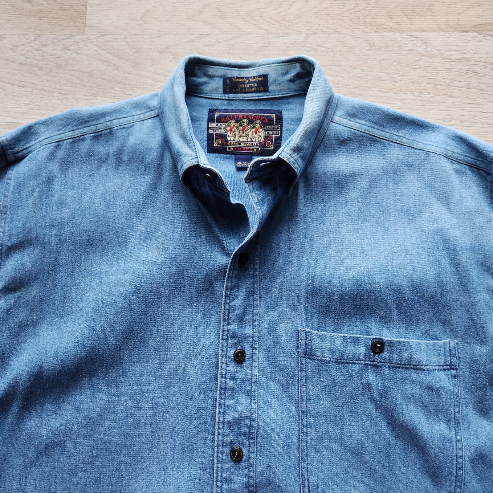 Vintage Ralph Lauren Chaps Denim Button-Up Shirt Long Sleeve Pocket Men's 15 1/2