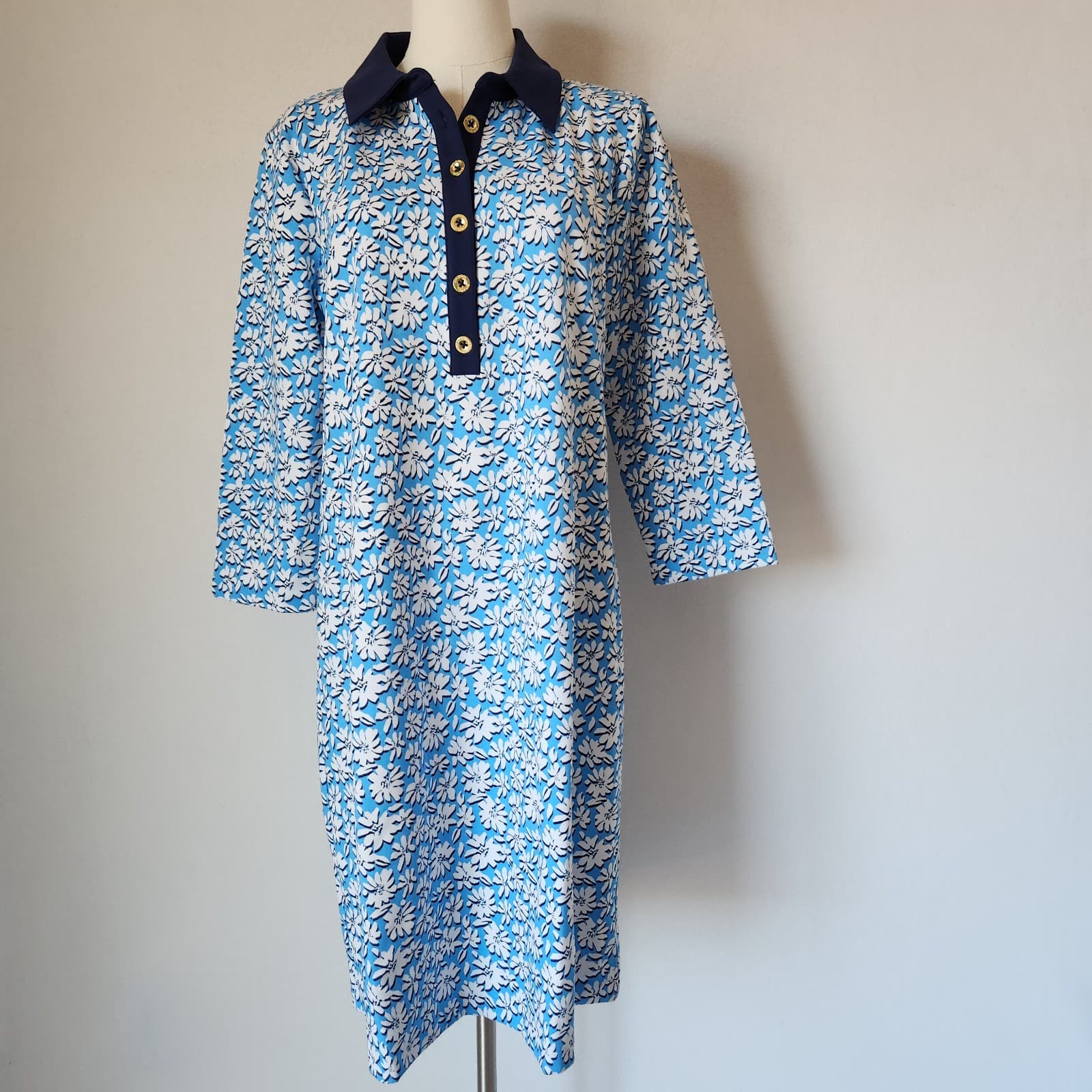 NWT Lilly Pulitzer Ainslee Floral Polo Dress 3/4 Sleeve Knit Lunar Blue Sz.XL