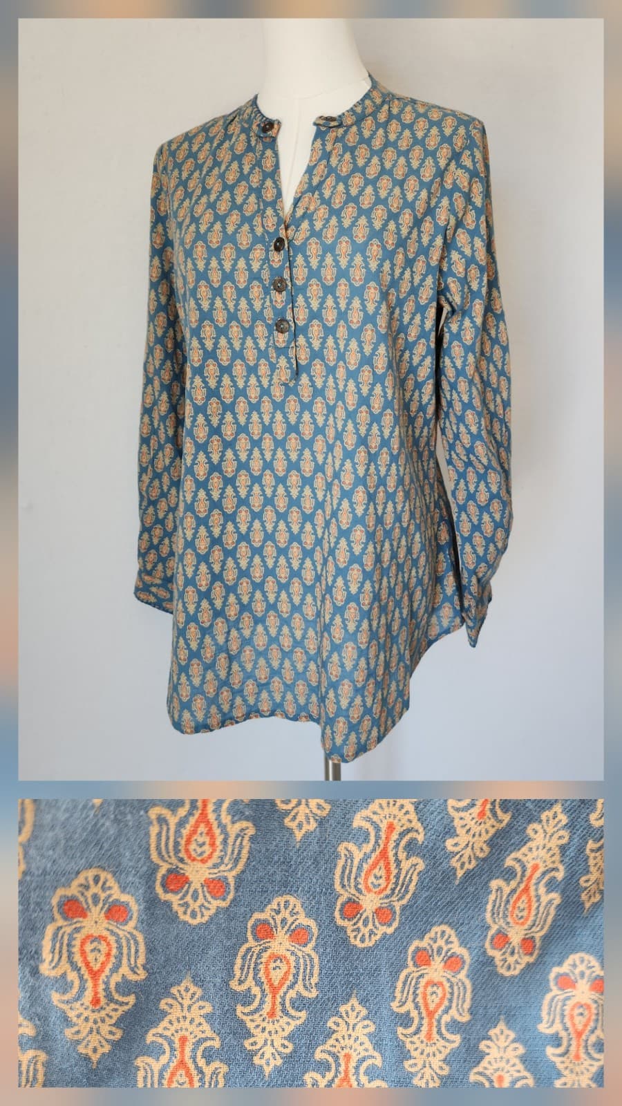 April Cornell Retro Printed Tunic Blouse Long Sleeve Cotton Blue Orange Women XS