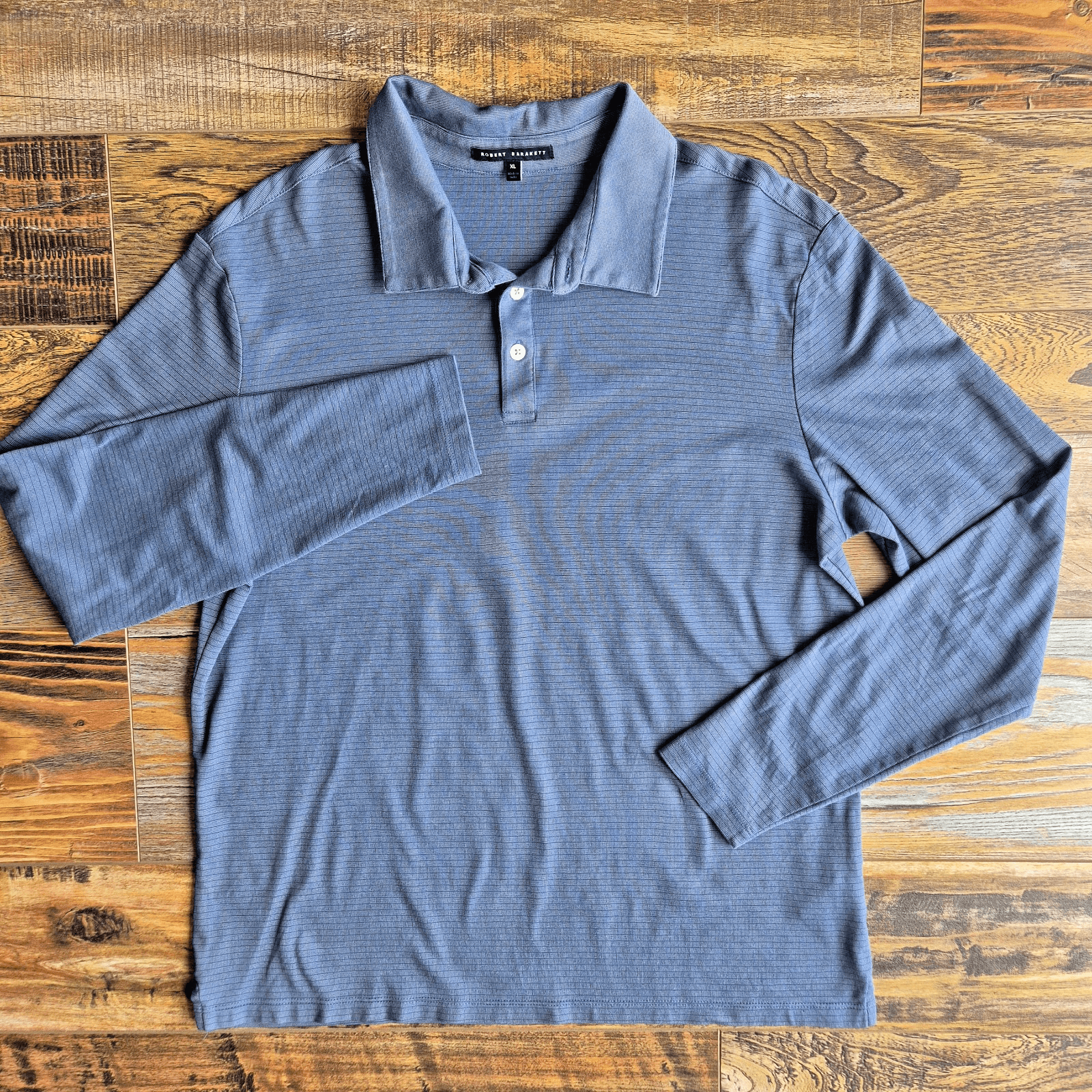 Robert Barakett Greenbow Long Sleeve Polo Shirt Texture Blue Grey Men's XL