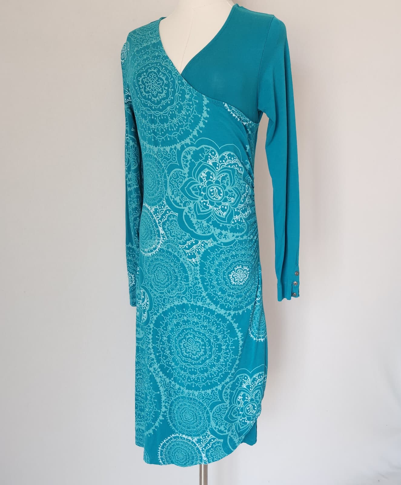Kuhl Grace Mandala Printed Surplice Dress Long Sleeve Organic Cotton Green Sz.S