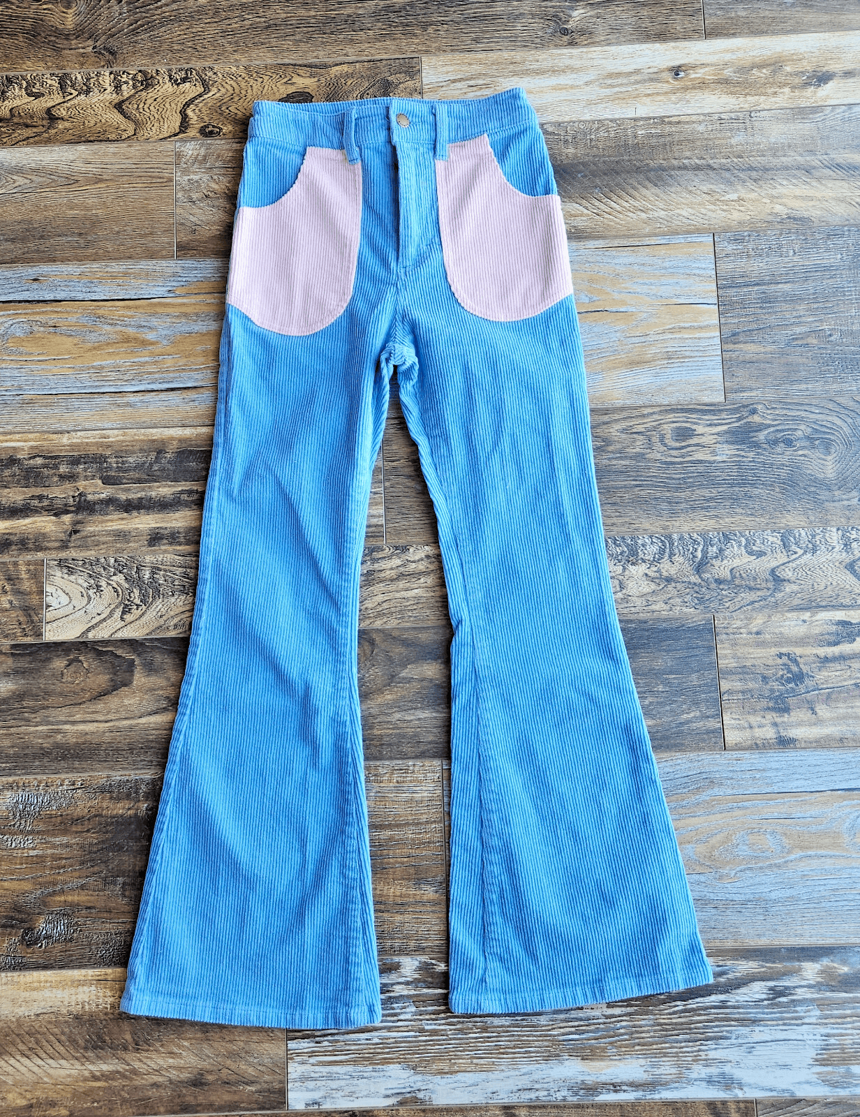 NWoT Hammies Corduroy Bell Bottom Hippie Pants Zip Pink Pocket Blue Women's 26