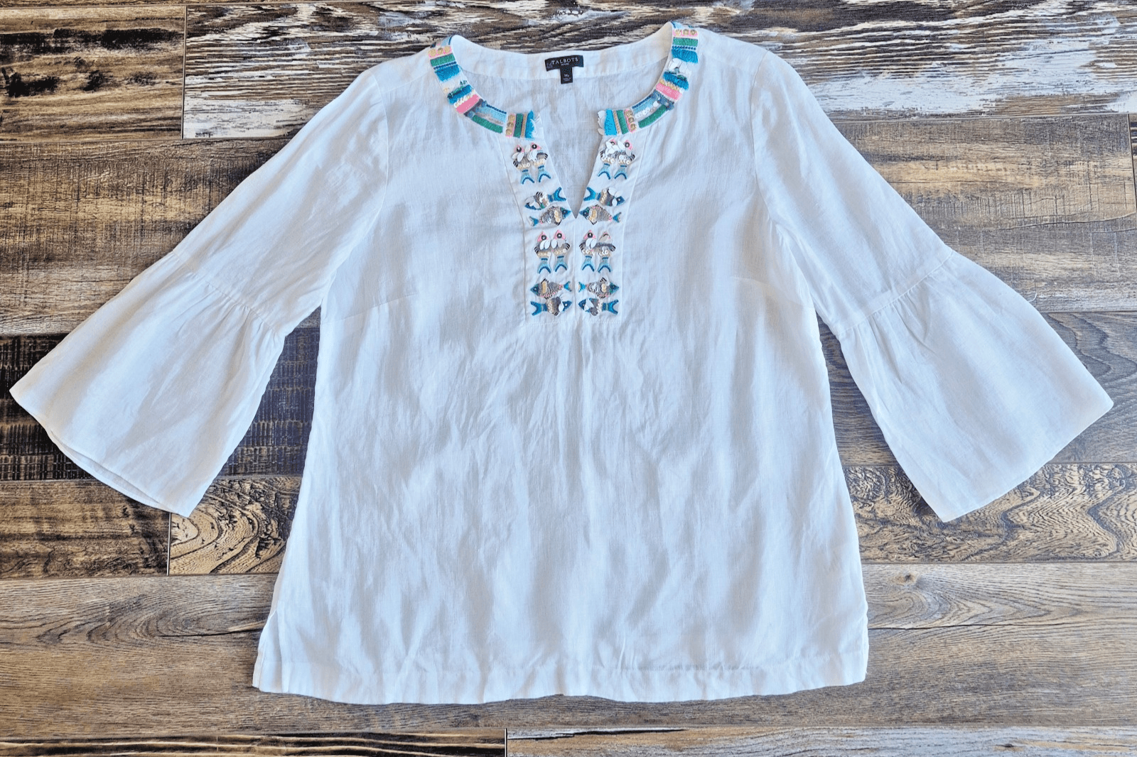 Talbots 100% Linen Fish Embroidered Beaded Tunic Blouse Bell Sleeve White Sz.MP