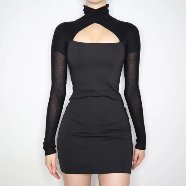 NWT Missoni Cut-Out Turtle-Neck Mini Dress Long Sleeve Cotton Blend Black Sz.L