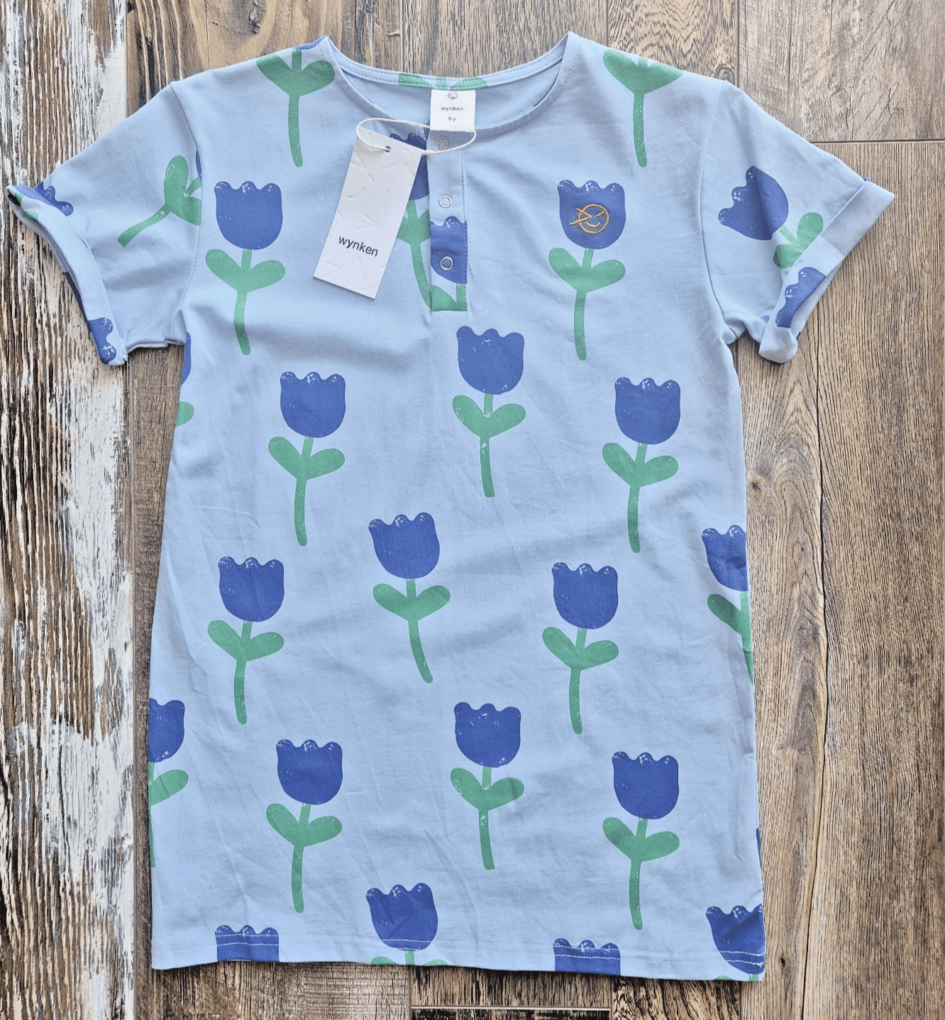 NWT Wynken Bird Blue Onda Tulips Tee-Shirt Snap Short Sleeve Cotton Kids 8Y