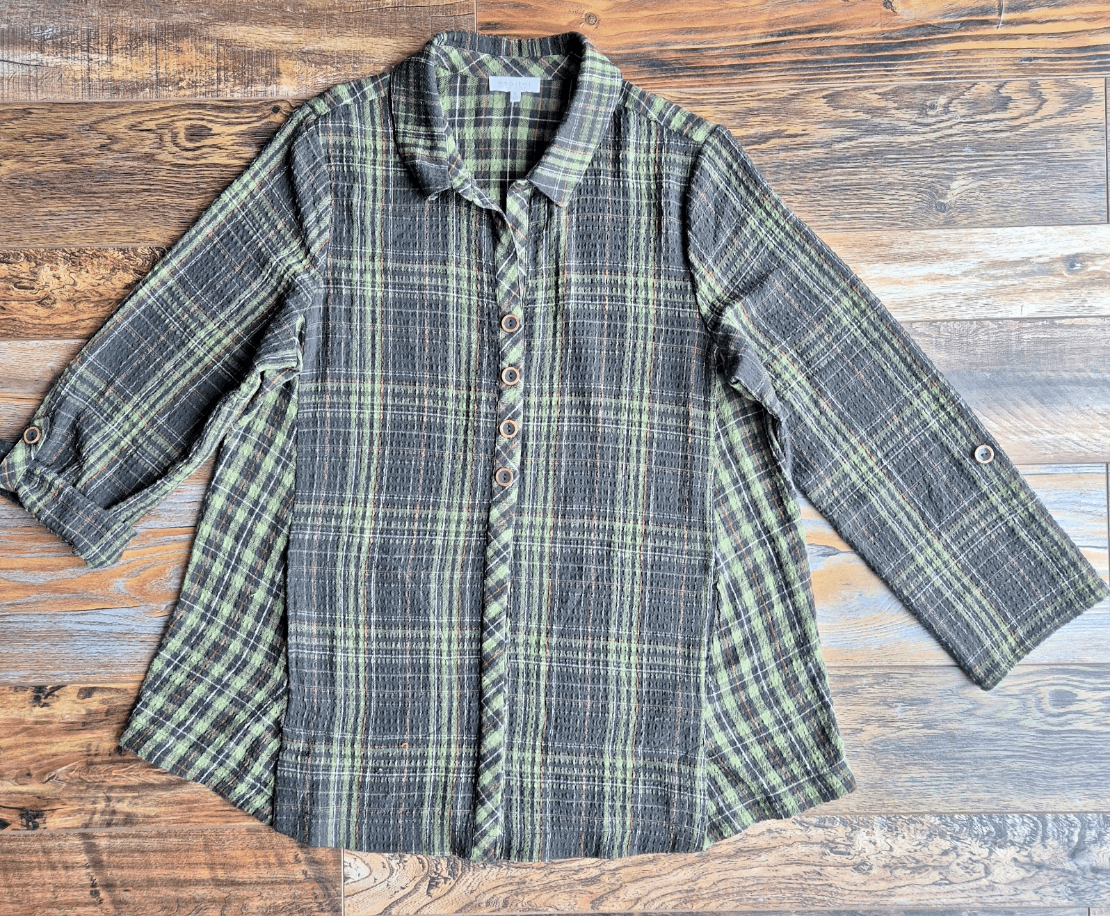 Habitat Crinkle Texture Green Plaid Tunic Top Button Roll-Tap Sleeve Pocket Sz.M