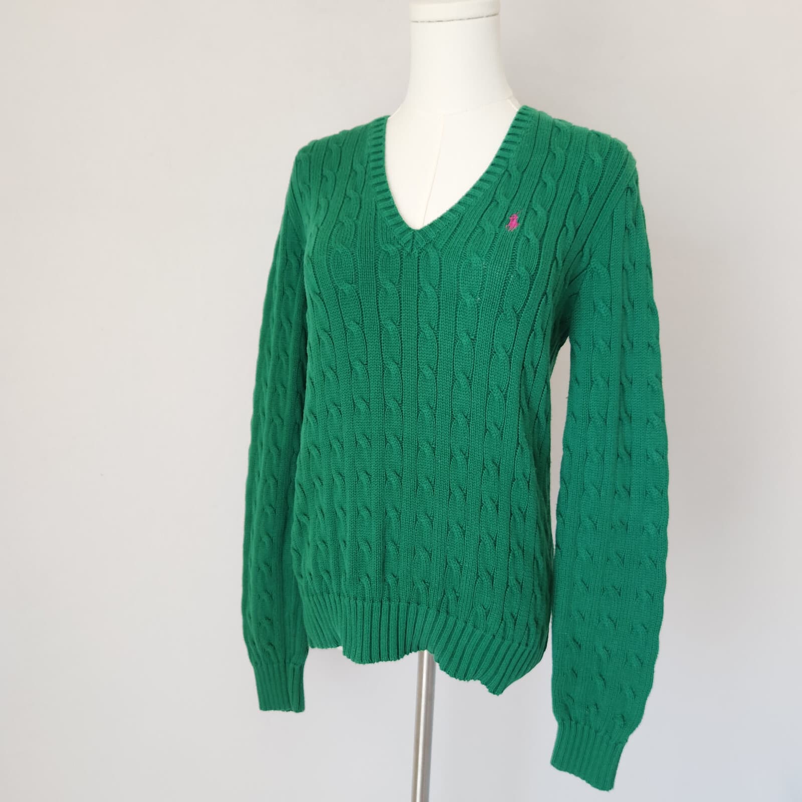 Vintage Y2K Ralph Lauren Sport Pony Cotton Cable Knit V-Neck Sweater Green Sz.L
