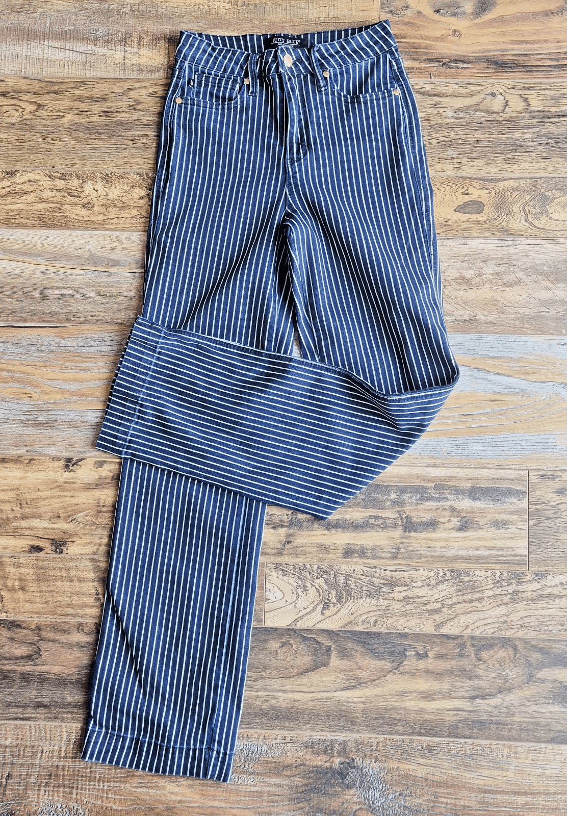 JUDY BLUE High Waist Tummy Control Blue White Striped Straight Jeans Womens 3/26