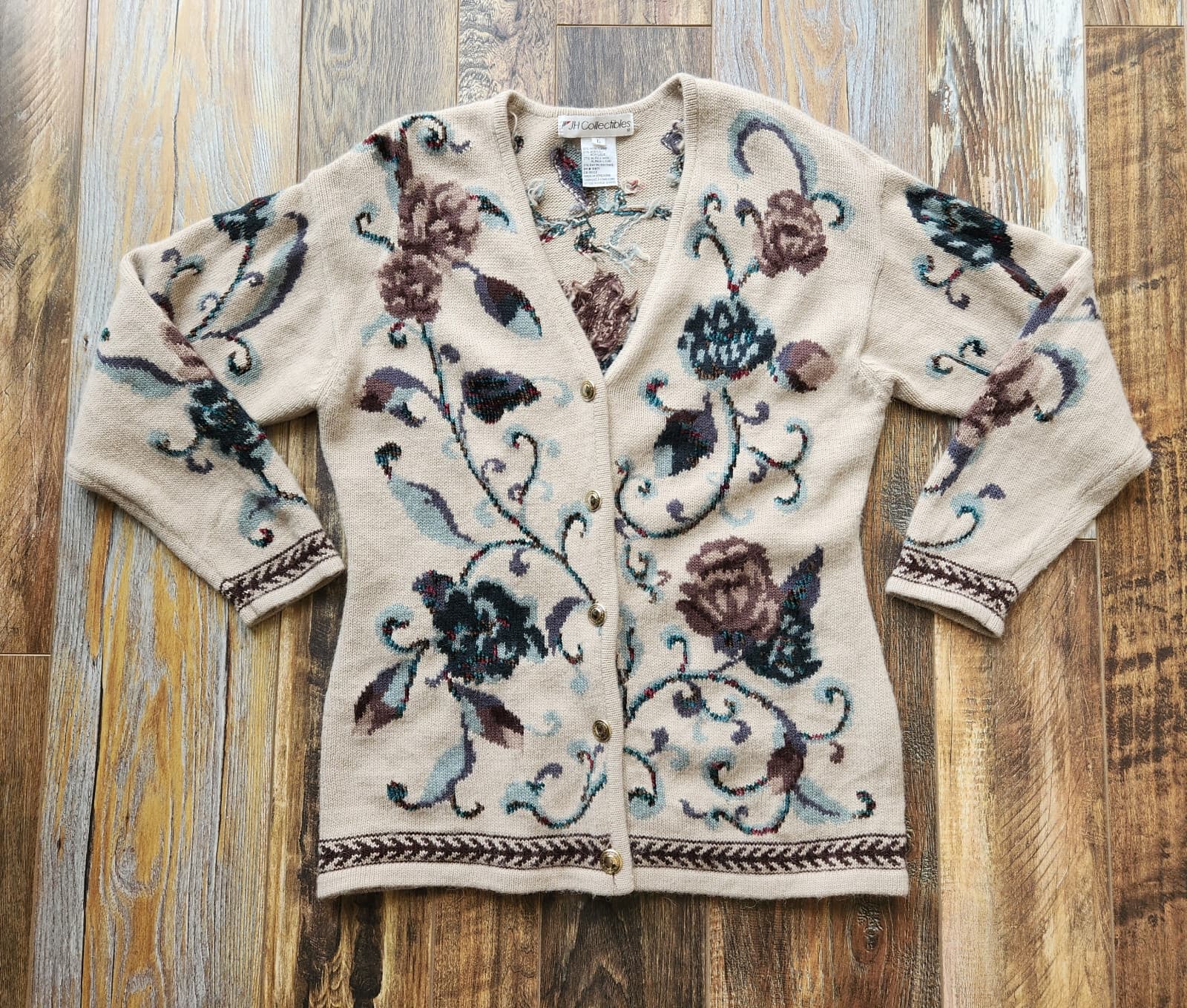 Vintage JH Collectibles Wool Alpaca Floral Cottagecore Granny Cardigan Beige L