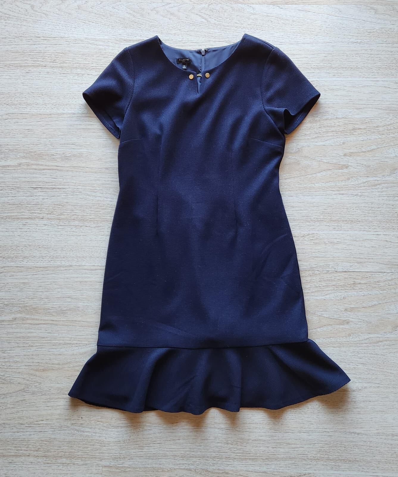 Talbots Midi Sheath Dress Peplum Hem Short Sleeve Textured Navy Blue Petites 12