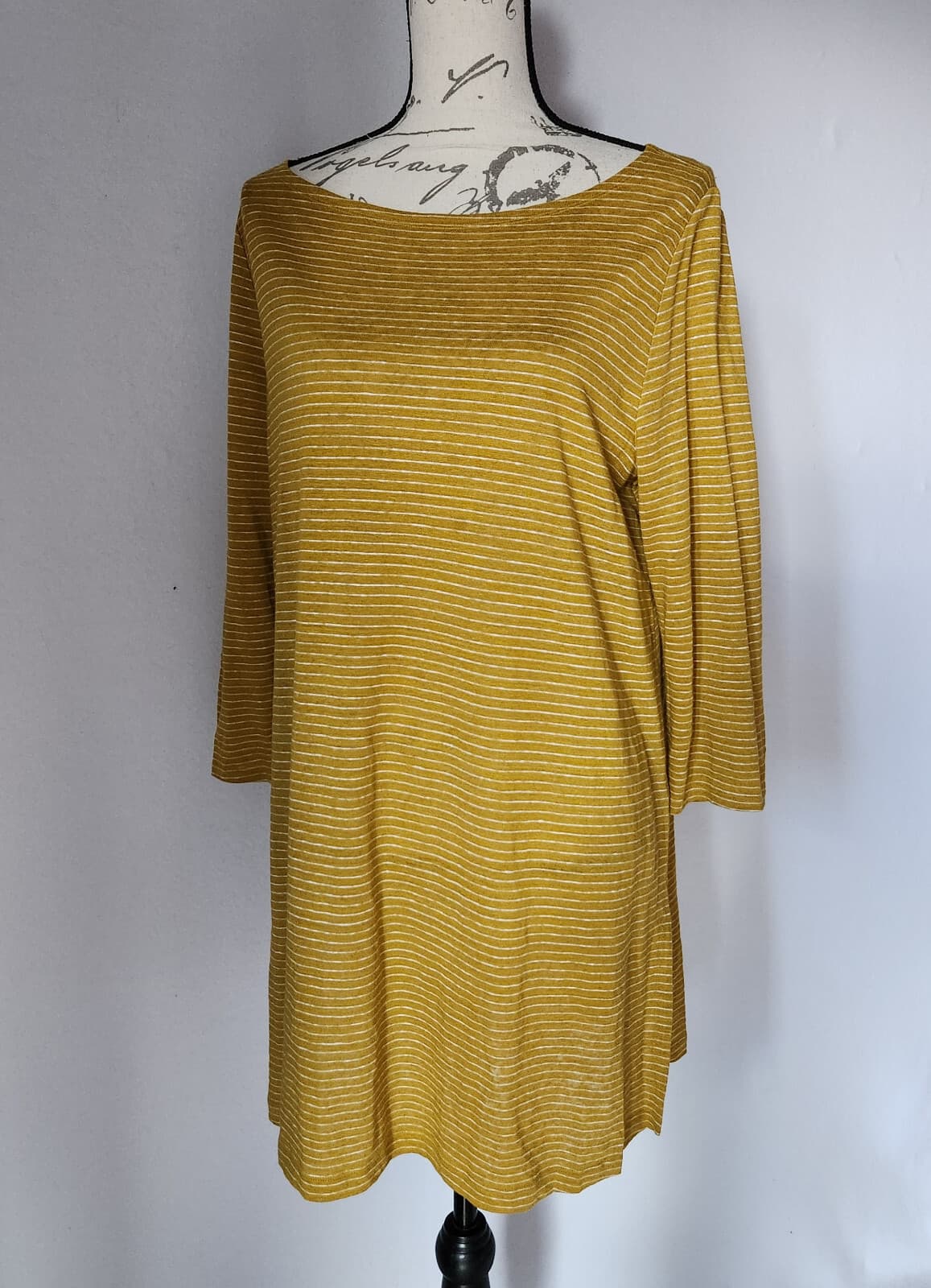 EILEEN FISHER Organic Linen Tunic Top 3/4 Sleeve Scoopneck Pin Stripe Yellow L