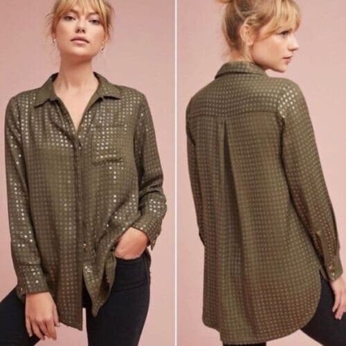 Maeve Anthropologie Arwa Sequin Button Down Shirt Long Sleeve Olive Green Sz.S