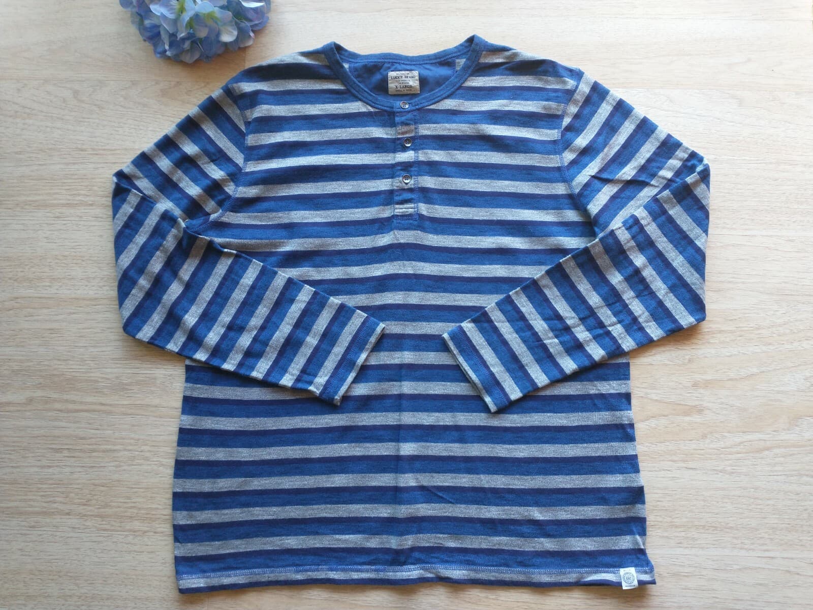 Lucky Brand Men Cotton Knit Long Sleeve T-Shirt 3/4 Button Blue Gray Strip Sz.XL