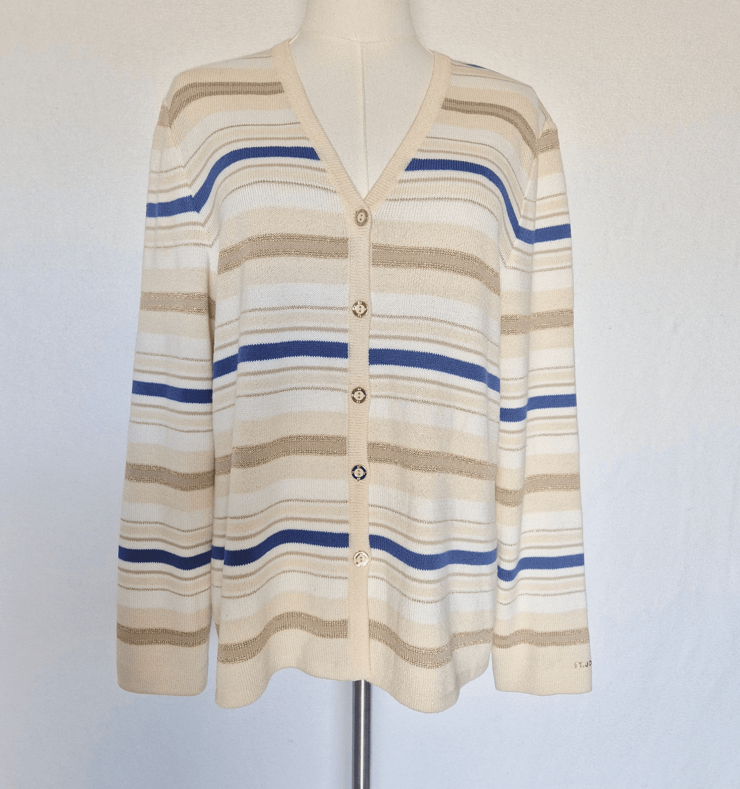 ST. JOHN SPORT Marie Gray Made in USA Santana Knit Cardigan Button Stripe Size M