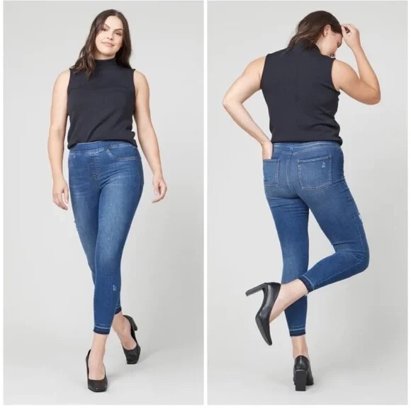 Spanx Distressed Ankle Skinny Jeans Pull-On Stretch Pocket Frayed Hem Women's S