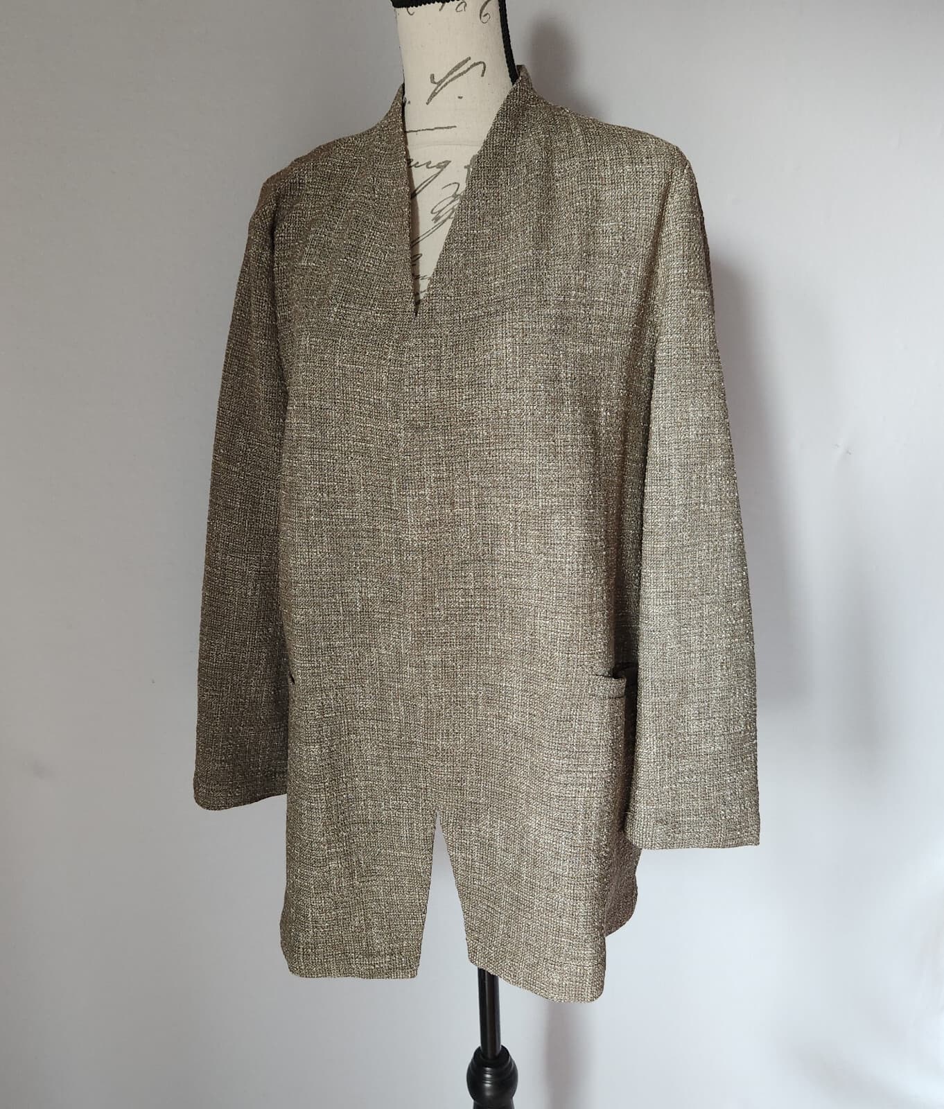 EILEEN FISHER Slub Tweed Open Front Jacket Pocket Cotton Blend Driftwood Sz.M