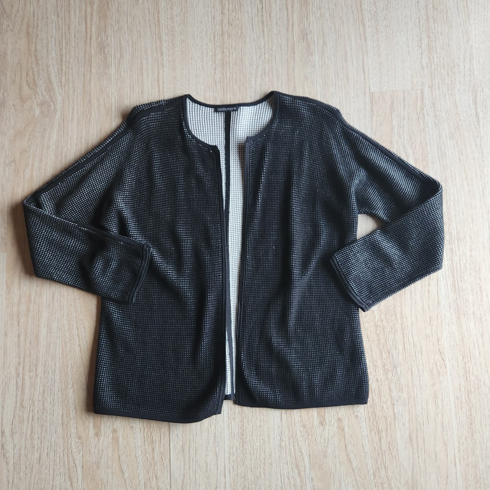 EILEEN FISHER Silk Organic Cotton Open Front Cardigan Texture Black Bust 40" (S)