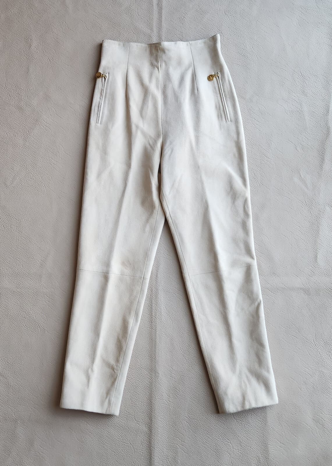 Celine Paris 100% Lamb Suede High Waist Pants Gold Accent Pocket Beige Sz.38