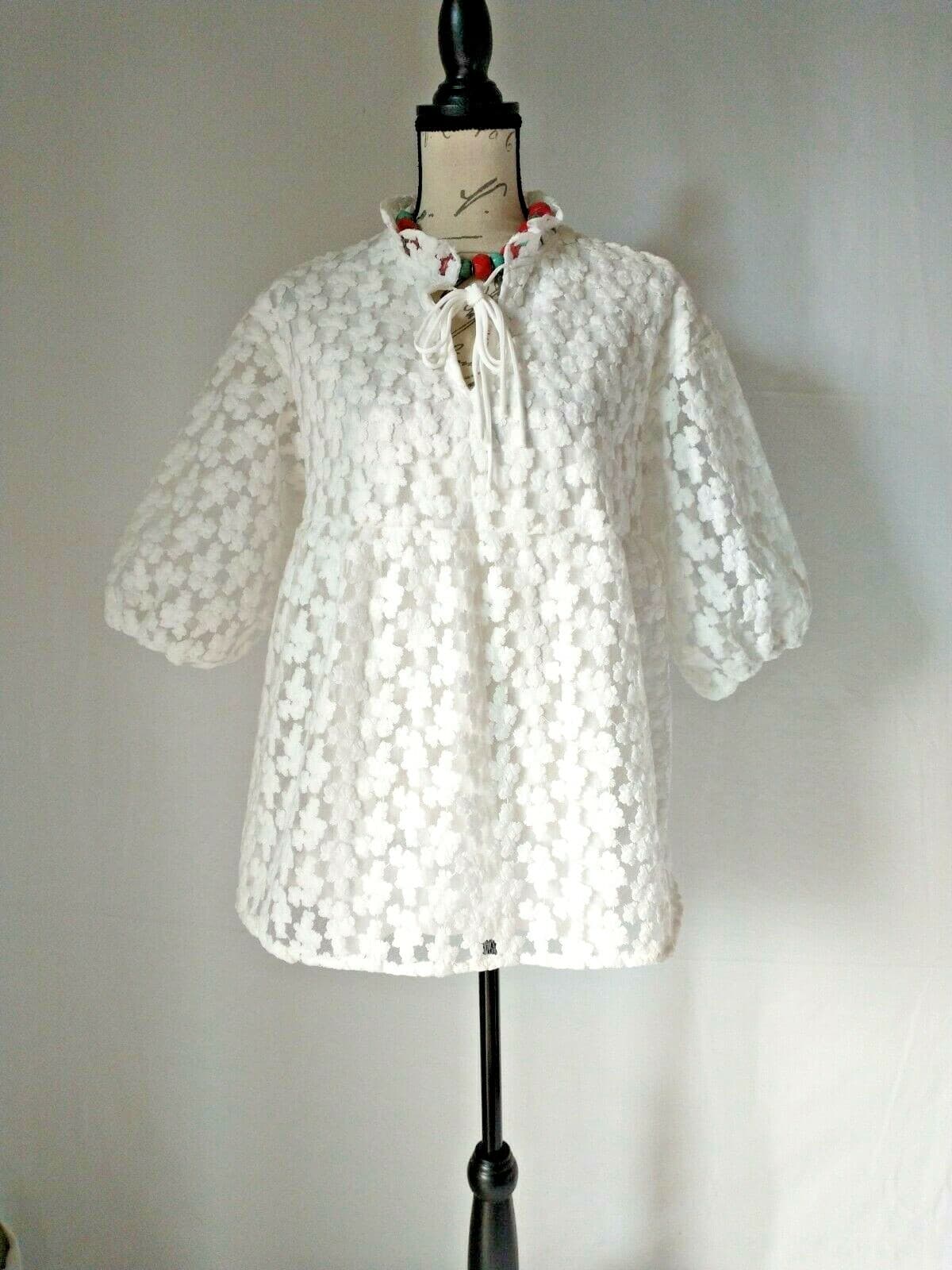 NWT Marc NY Andrew Marc Embroidered Lace Tunic Top 3/4 Puff Sleeve White S $69