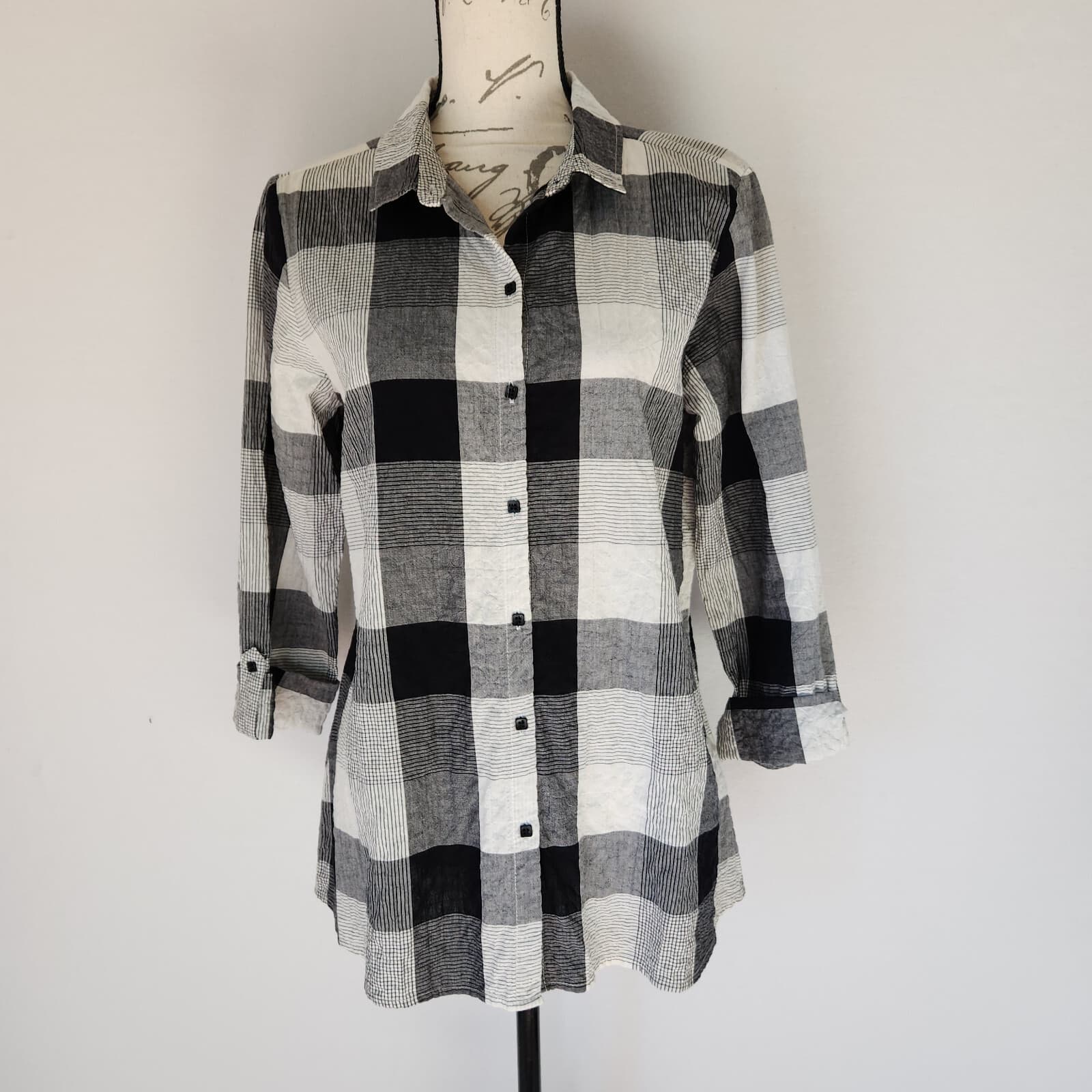 Habitat Chrinkle Lagenlook Plaid Shirt Button-Up 3/4 Sleeve Black White Womens S