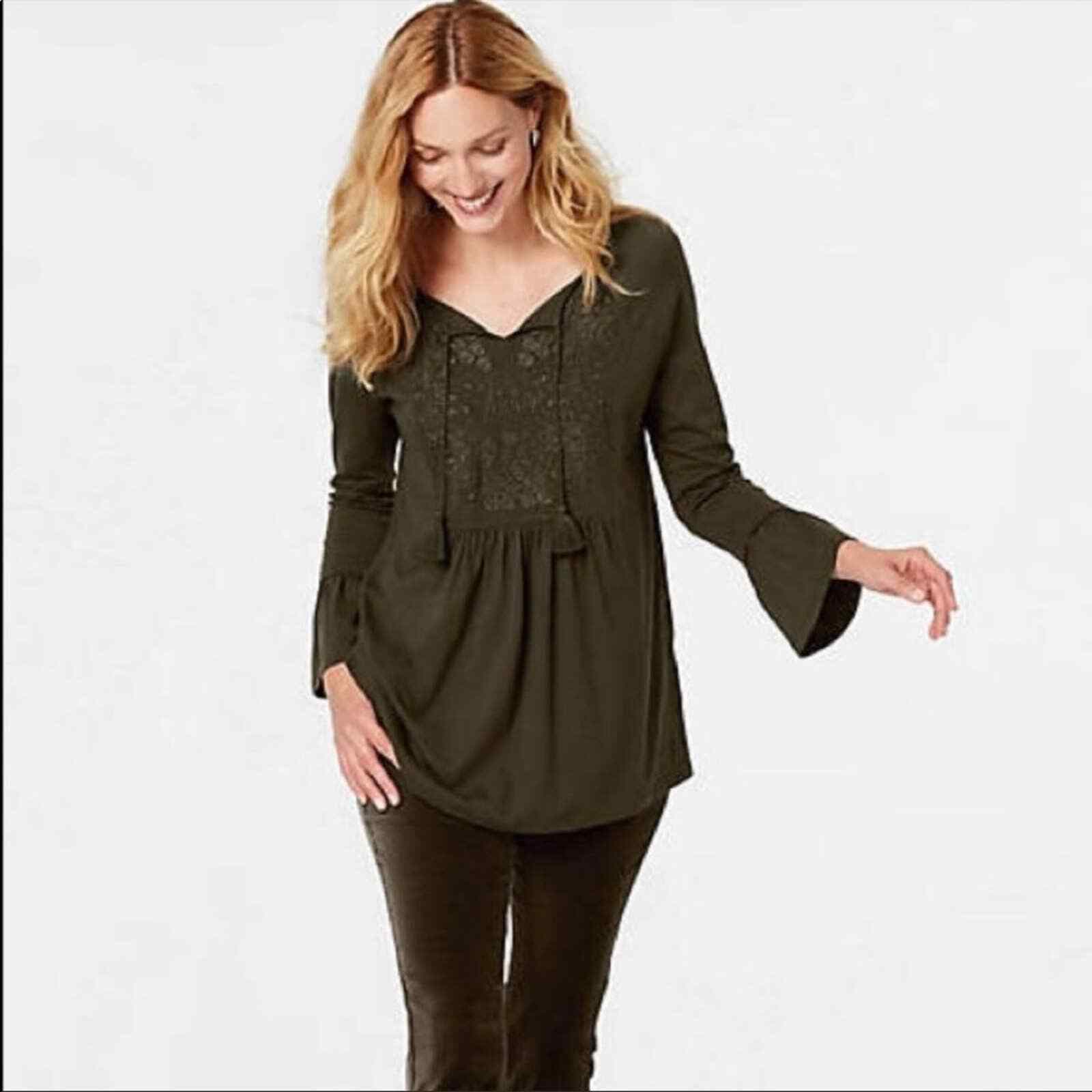 NWoT J.Jill Embroidered Peplum Boho Top Bell Sleeve Modal Blend Pine Green Sz.L