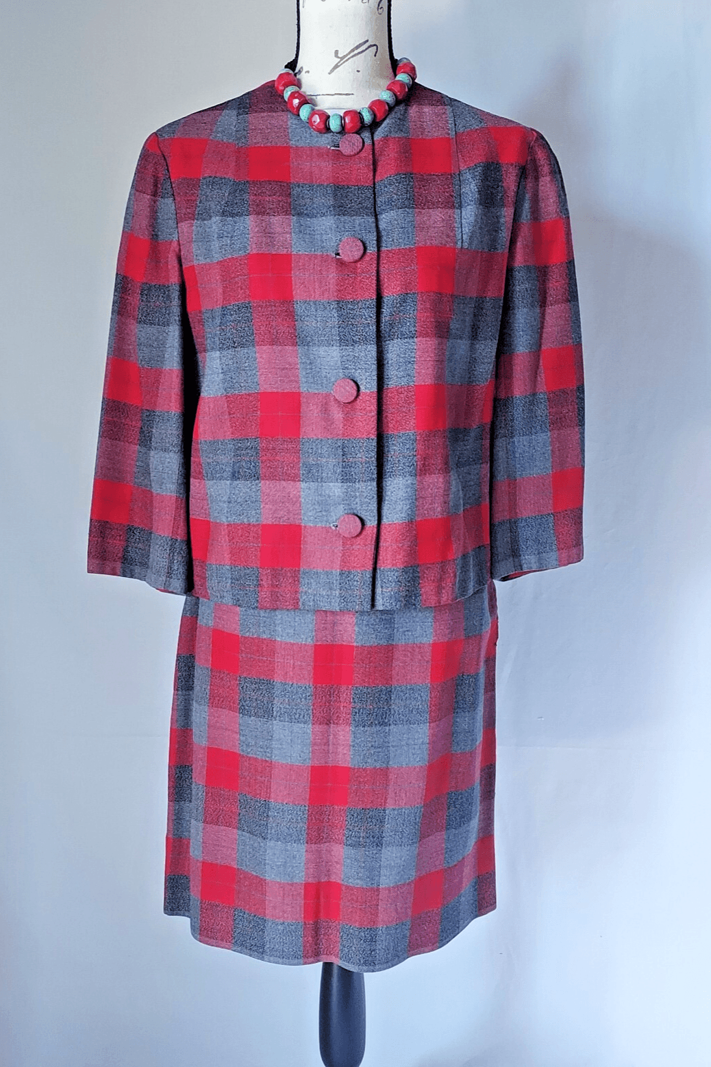 Vintage Custom Made Wool 2Pc Blazer Skirt Set Button Pencil Lined Red Plaid S/M