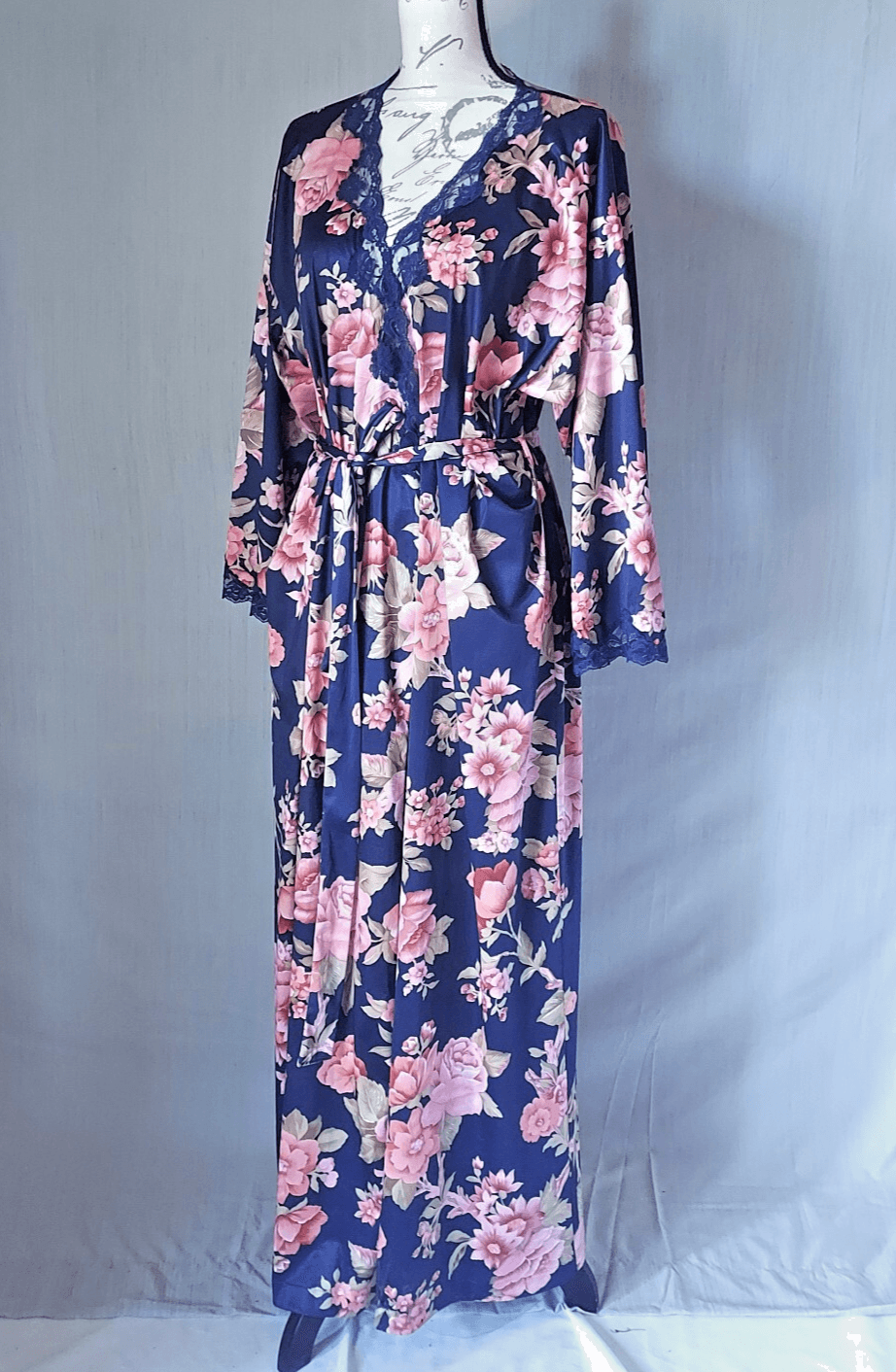 Vintage LORRAINE Floral Kimono Maxi Robe Lace Trim Multicolor Sz.1X Made in USA