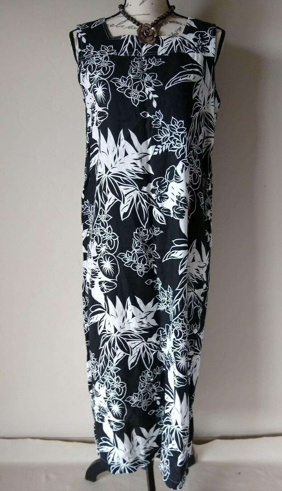 MATCH Linen Midi Tunic Dress Sleeveless Floral Square Neck Black White Sz.12p