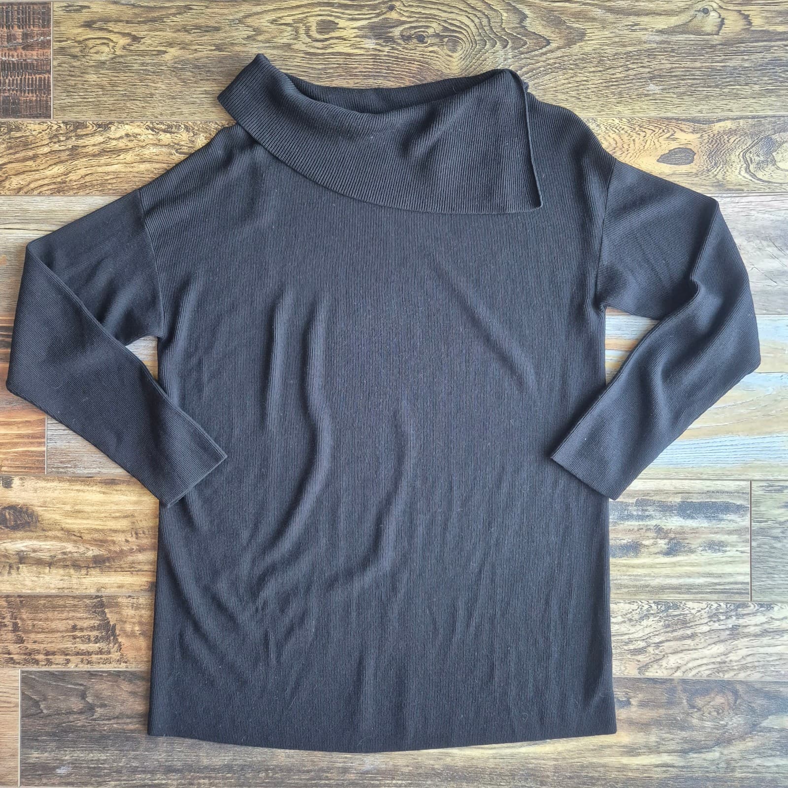 Lafayette 148 New York Cowl Neck Tunic Sweater Long Sleeve Rib-Knit Black Size L