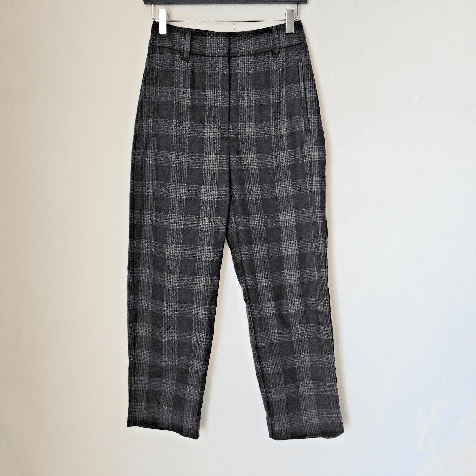 Aritzia Wilfred Wool Cashmere Plaid Dress Pants Ankle Straight Black Grey Sz.6