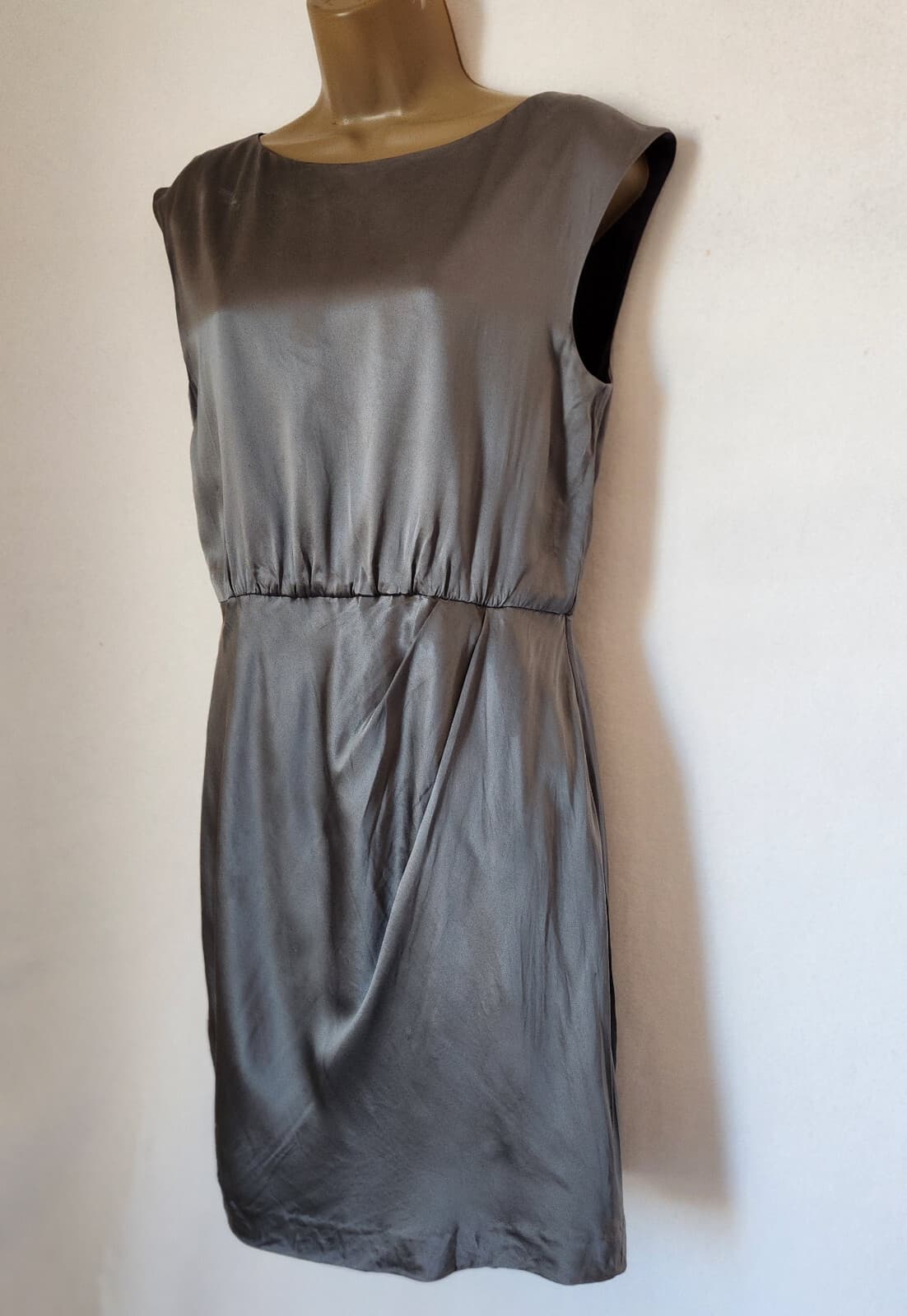 Theory Arena Charmed 100% Silk Satin Mini Dress Ruched Sleeveless Grey Women's 6