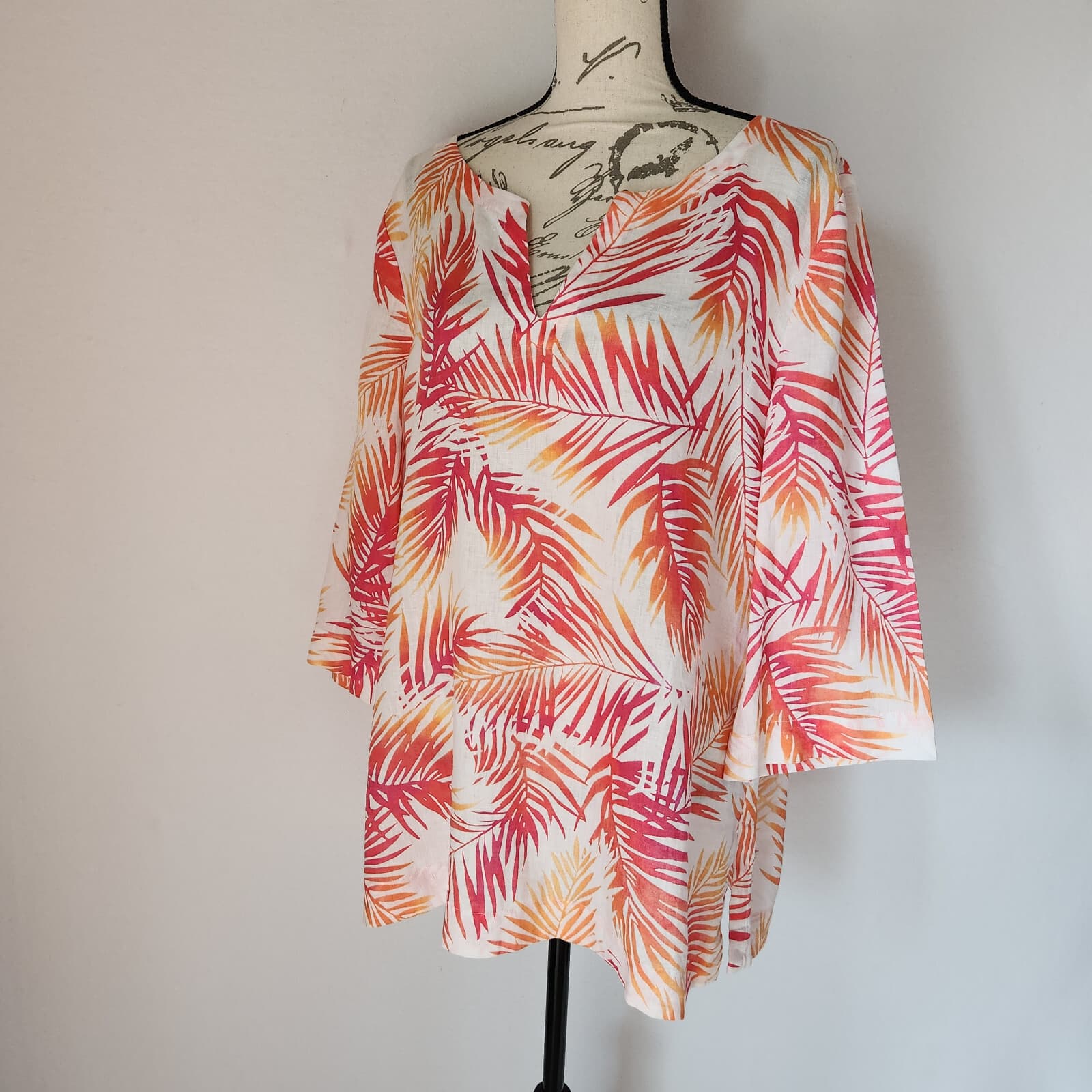 J.Jill Linen Palm Leaf Tropical Tunic Top V-Neck 3/4 Sleeve Red Orange Sz.XL