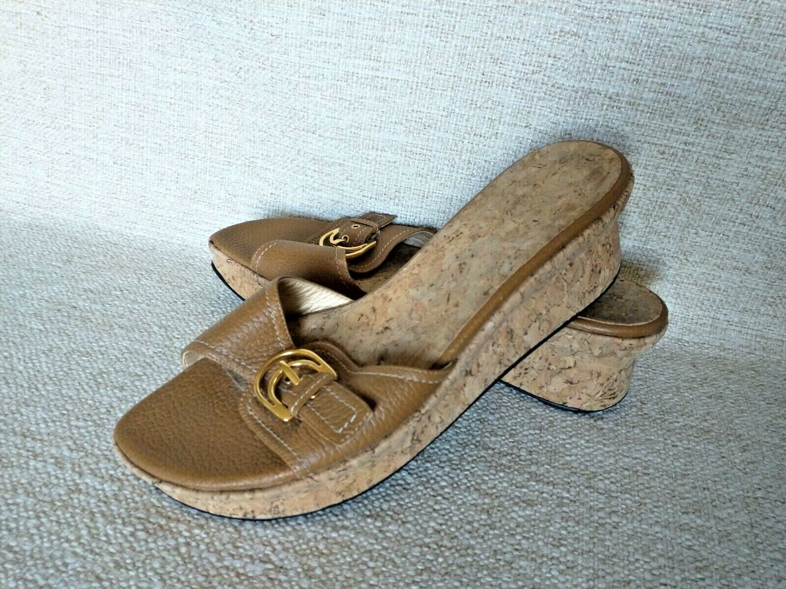Stuart Weitzman Woman Brown Leather Cork Wedges Sandals Slid-on Buckles US9.5B