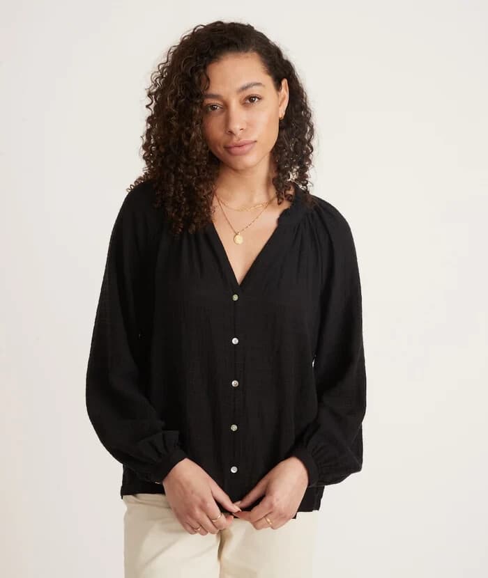 NWT Marine Layer Nixi Collarless Blouse Long Sleeve Button Black Women XL $108