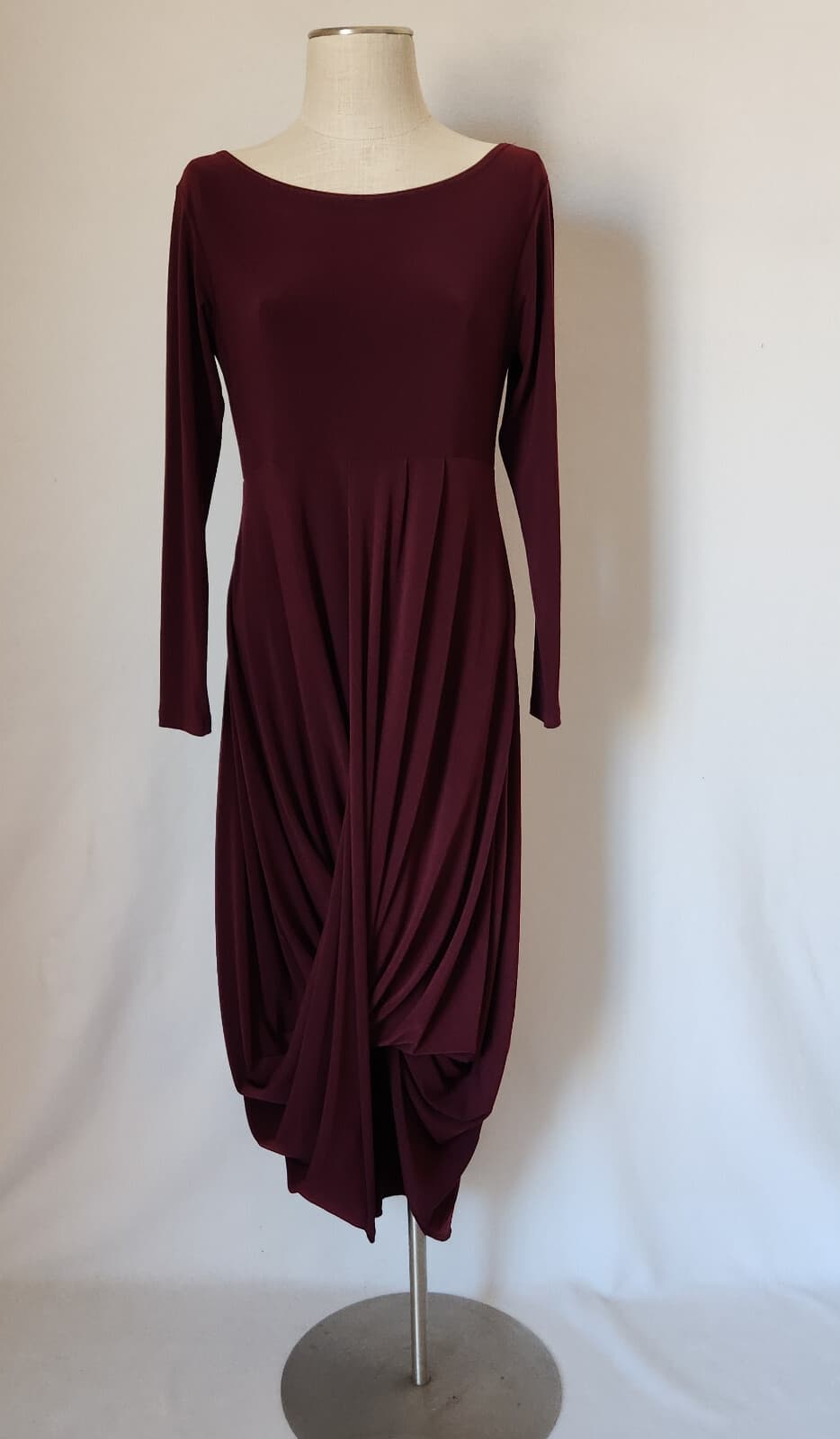 Sympli Swag Party Evening Jersey Draped Ruched Dress Long Sleeve Burgundy Sz.10