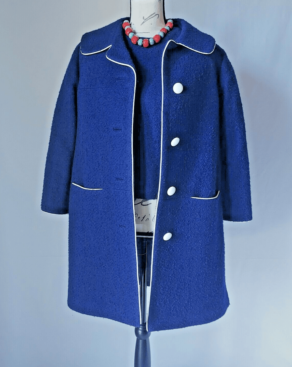 Vintage Custom Made 2Pc Tweed Wool Top + Overcoat Button Navy Blue Women Sz.10