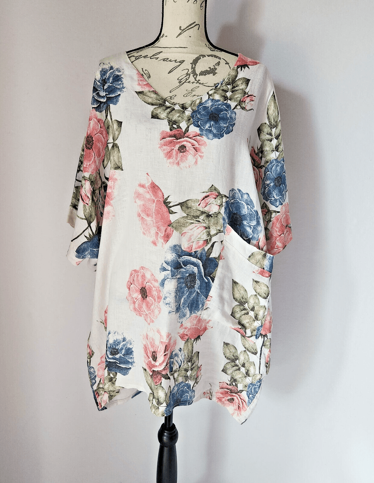 Made in Italy 100%Linen Floral Lagenlook Tunic Mini Dress Pocket V-Neck One Size