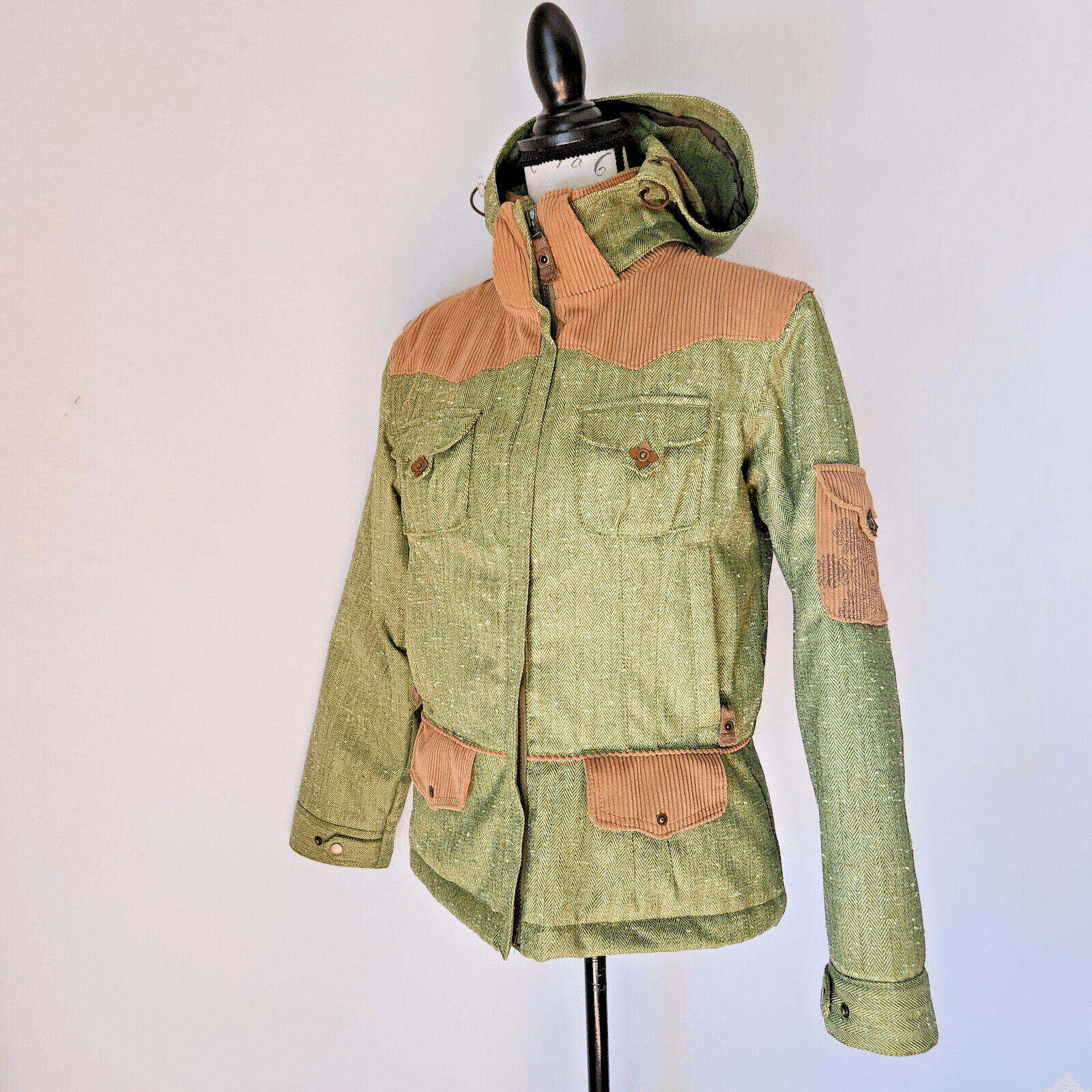 Obermeyer Tweaked Ski Winter Hood Jacket Insulated Herringbone Green Brown Sz.7