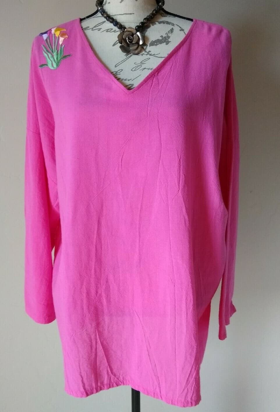 Alfredo's Wife 100% Cotton Floral Embroidered Tunic Top Long Sleeves Pink Sz.L