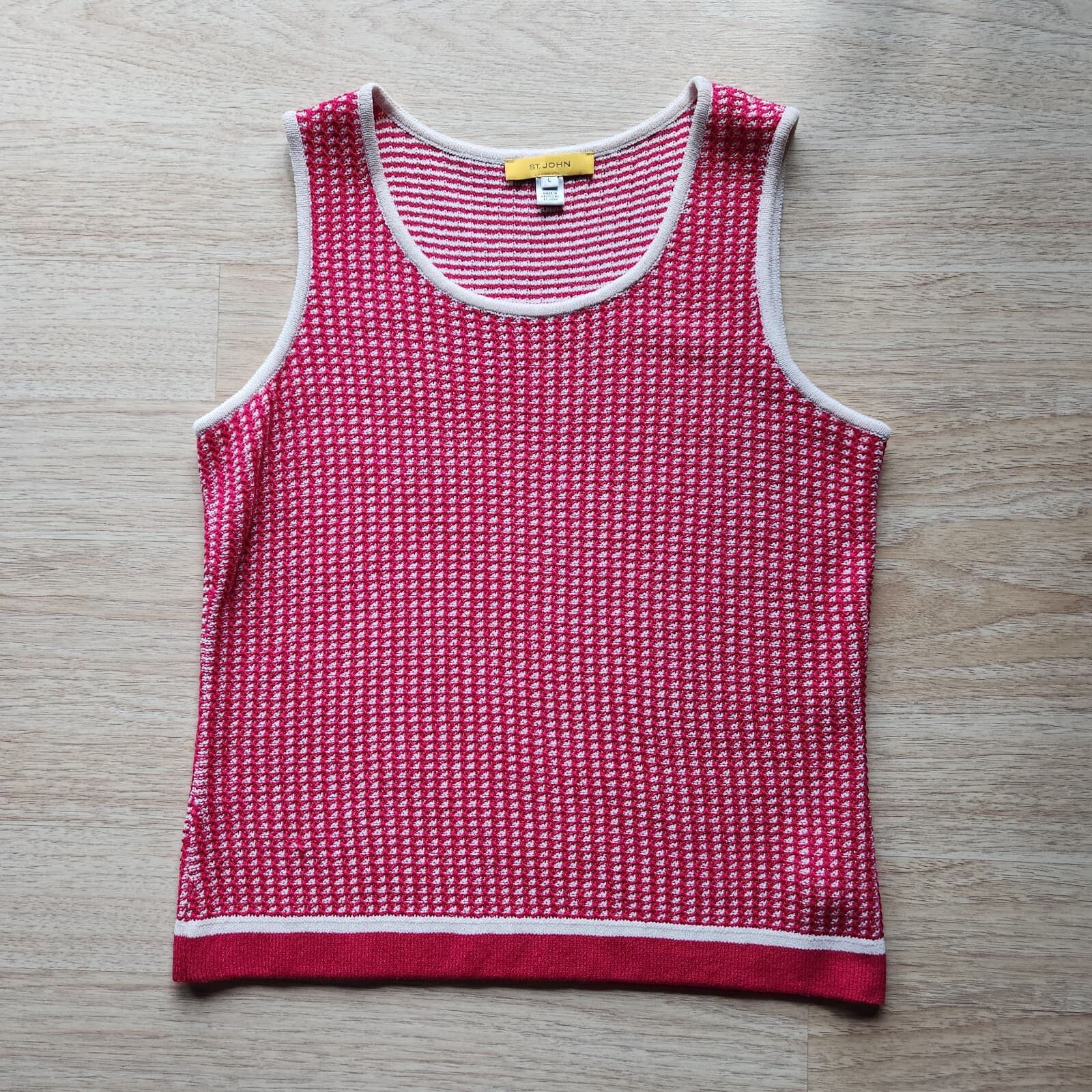 ST. JOHN Wool Blend Waffle Knit Tank-Top Scoop Neck Pink White Women's L