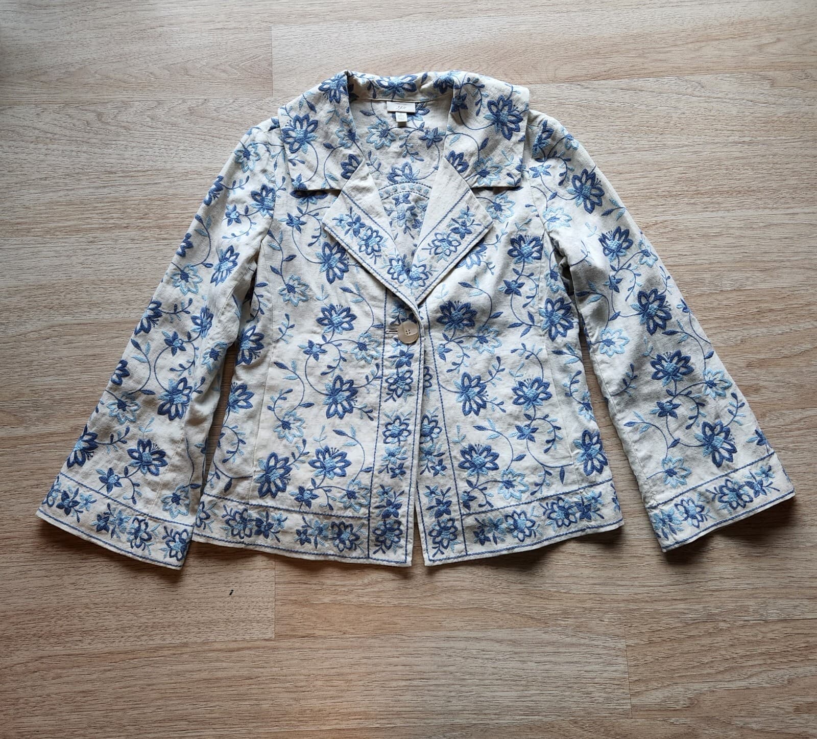 Vintage J.Jill Floral Embroidered 100% Linen 1-Button Blazer Blue-Ivory Women S