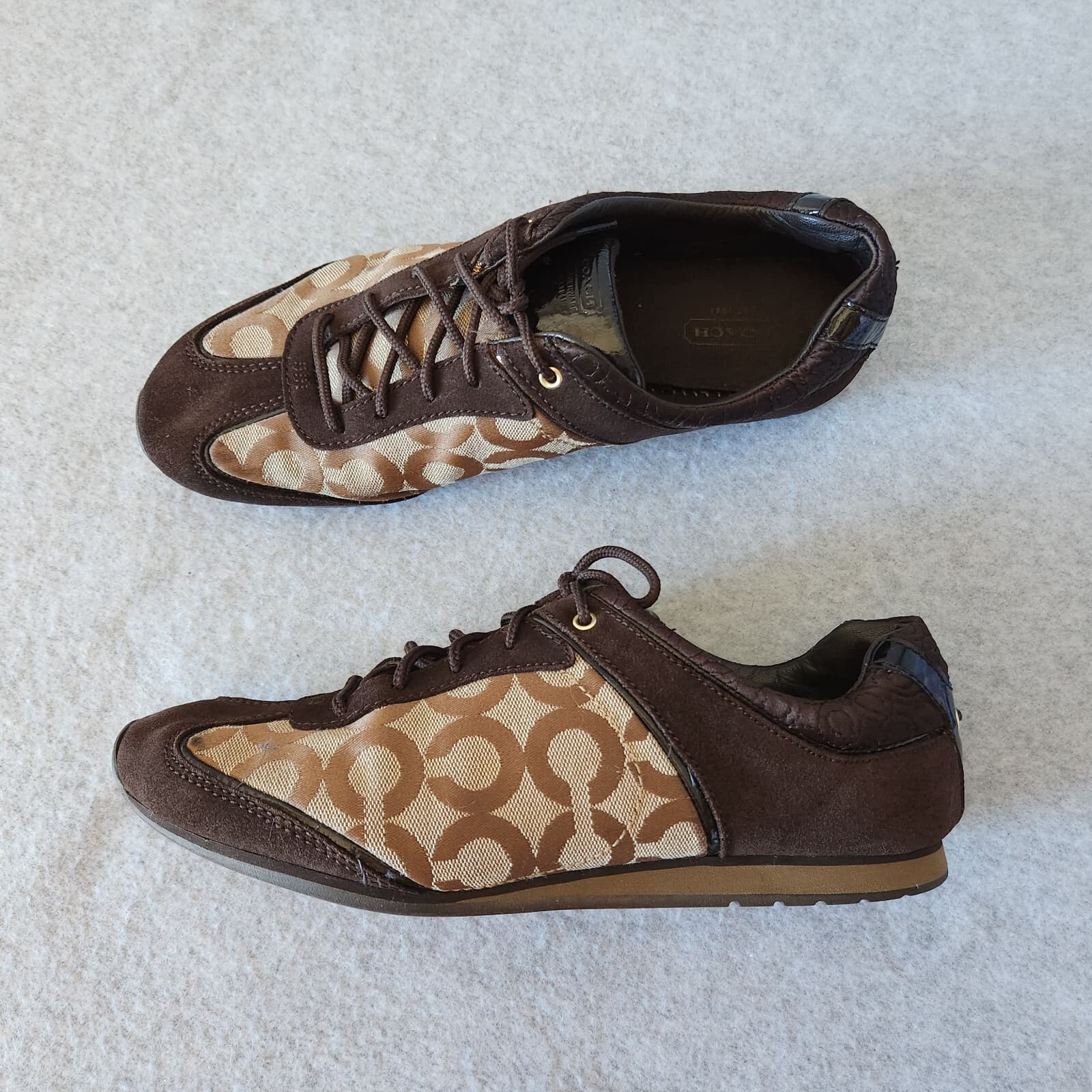 Coach Kelbie Suede Canvas Monogram Fashion Sneaker Lace Brown Women US10M