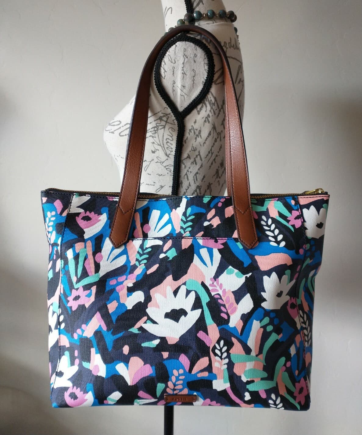Fossia Fiona Tote Bag Multicolor Floral Print Large Zip 7-Pockets