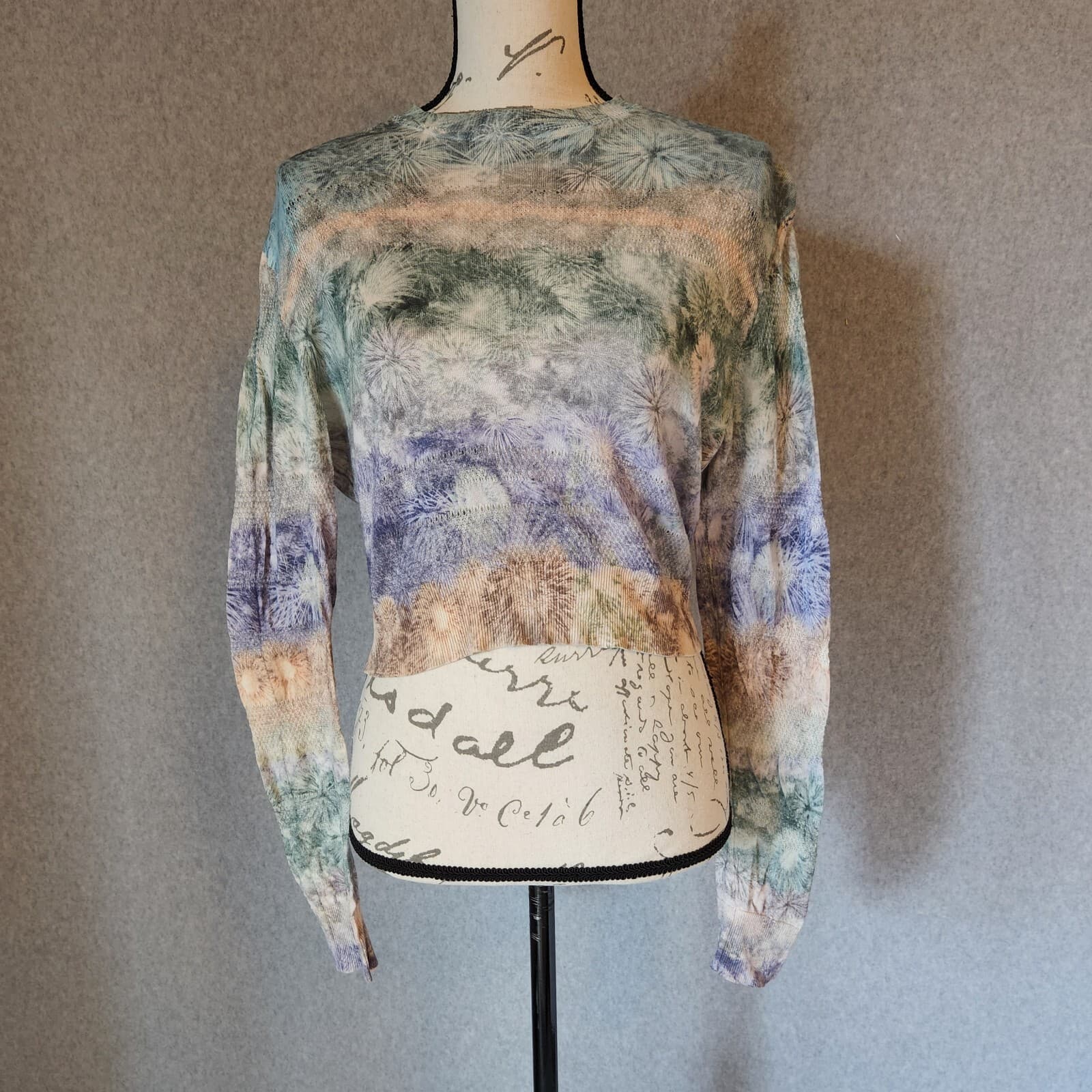 PETER PILOTTO Crop T-Shirt Long Sleeve Crew Neck Blue-Green Sz.S Made in Belgium