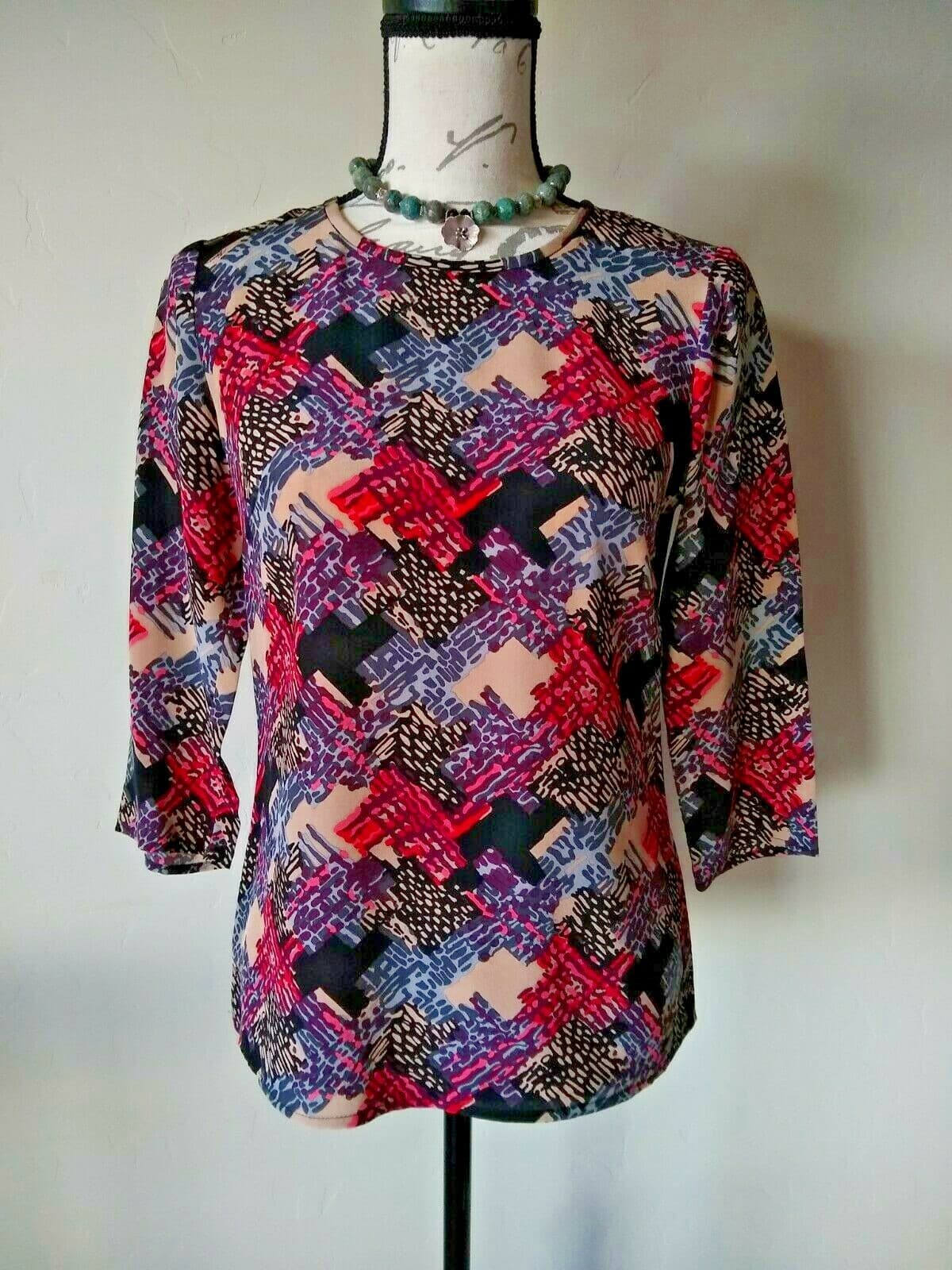 TRINA TURK 100% Silk Top Pullover 3/4 Sleeve Geo-print Multicolor Sz.P