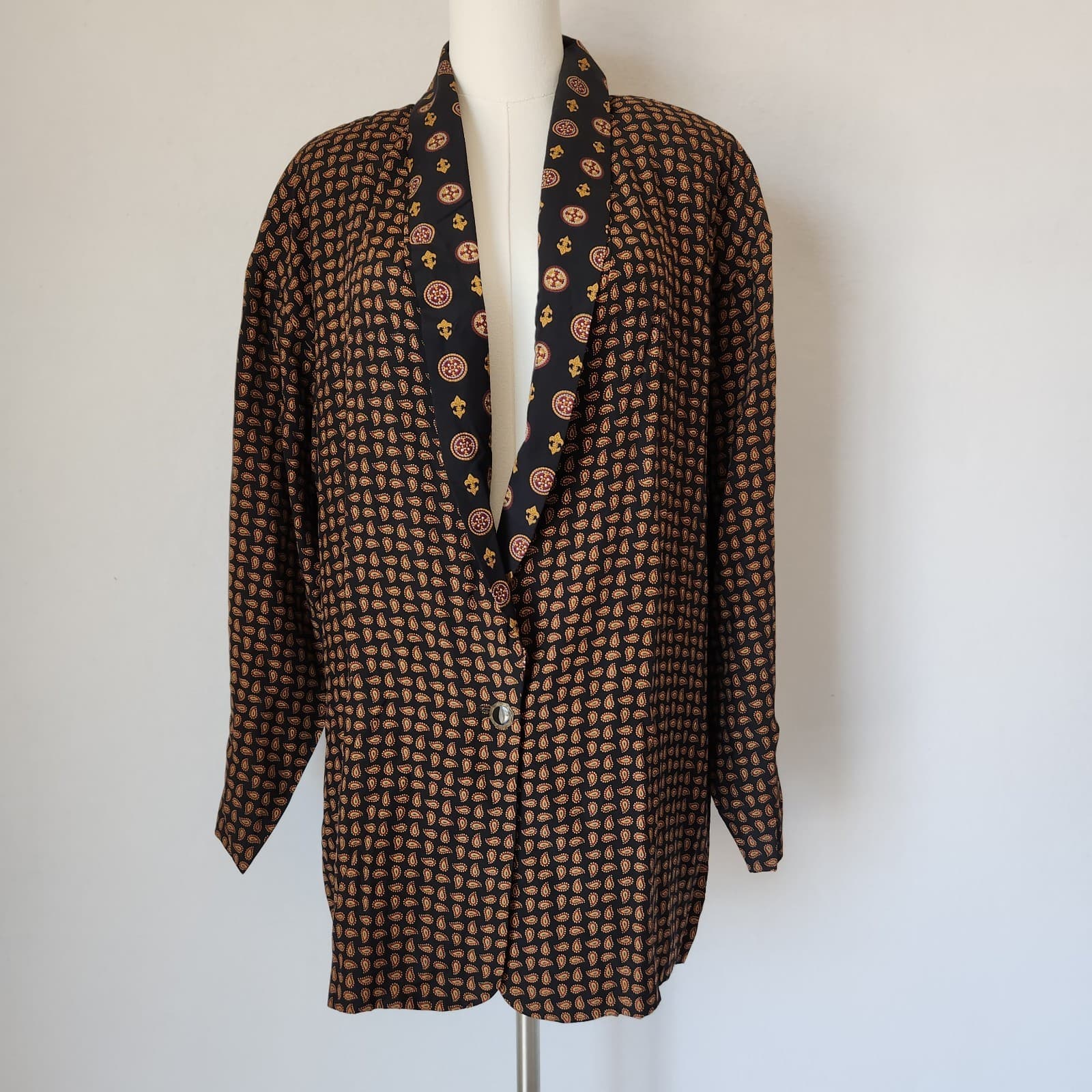 Vintage SHELLI SEGAL J.M Women's L Paisley Oversize Blazer Pocket Black Brown