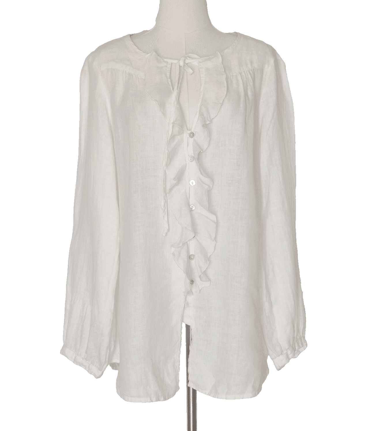 Cut Loose 100% Linen Lagenlook Ruffle Blouse Pearl Button Long Sleeve White Sz.S