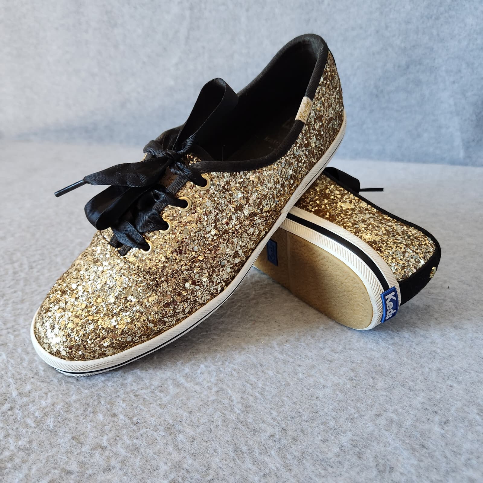 Kate Spade Keds Gold Glitter Sneaker Canvas Cushion Lace-Up Women's US7.5
