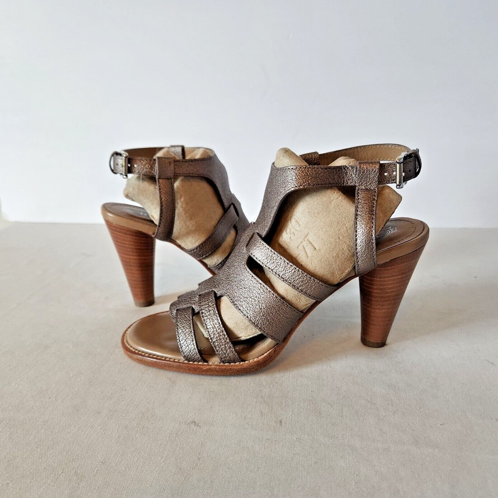 TOD'S Leather 3.5" Heel Sandals Open Toe Ankle Strap Brown Women EU35 US5