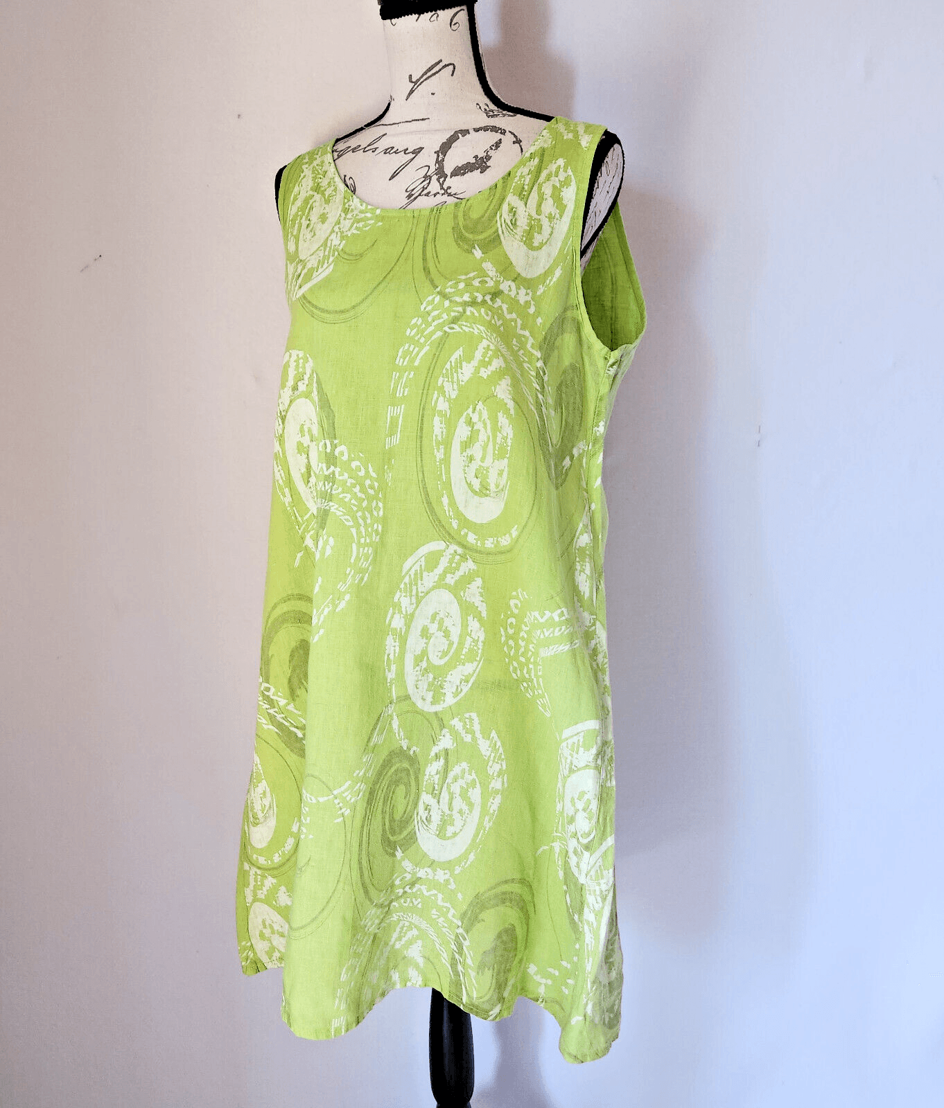 NWOT VASNA Made in Italy Linen Lagenlook Shift Dress Sleeveless Geo-Printed Sz.M